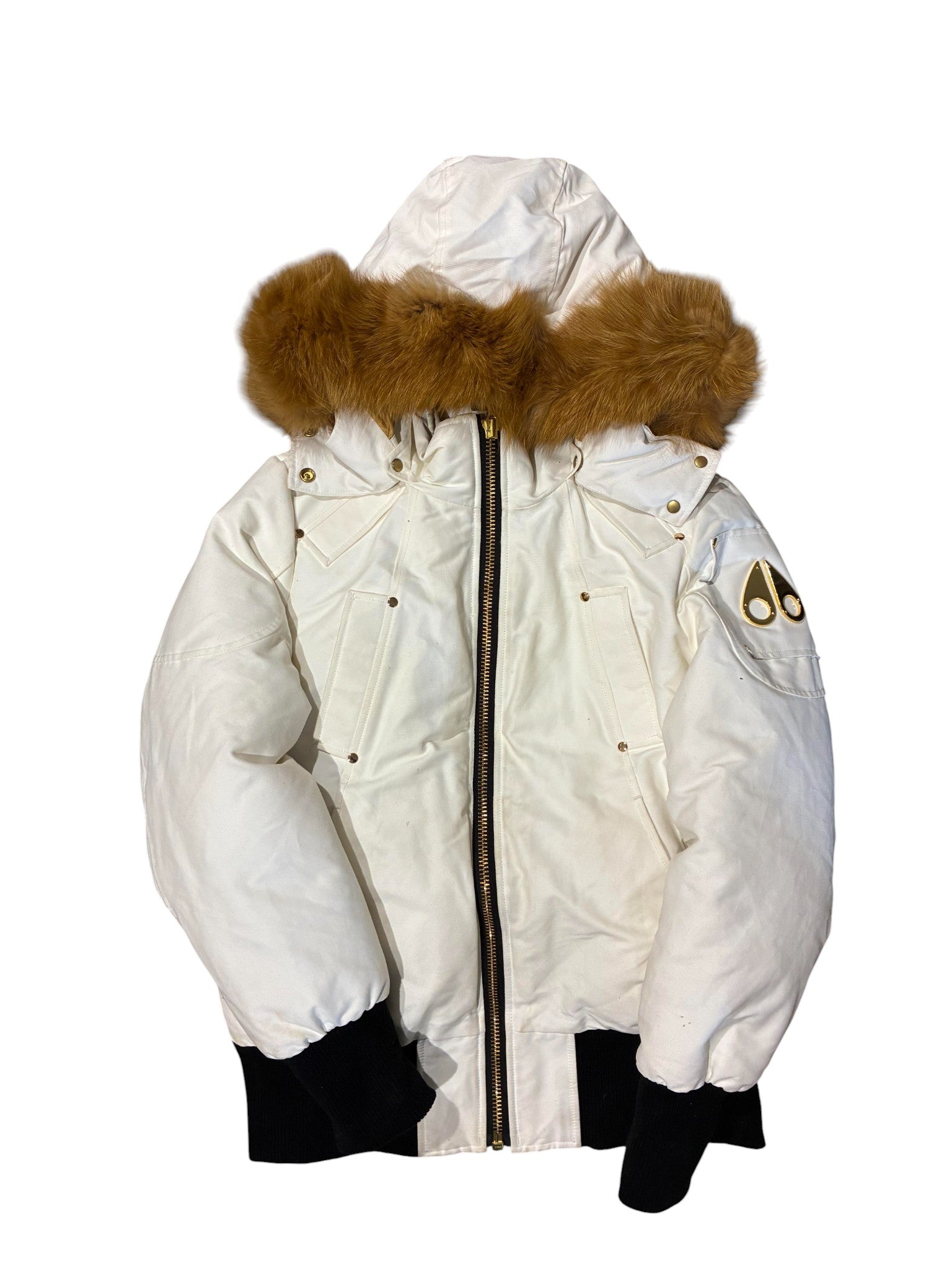 Moose Knuckles White & Brown Fur Bomber Jacket