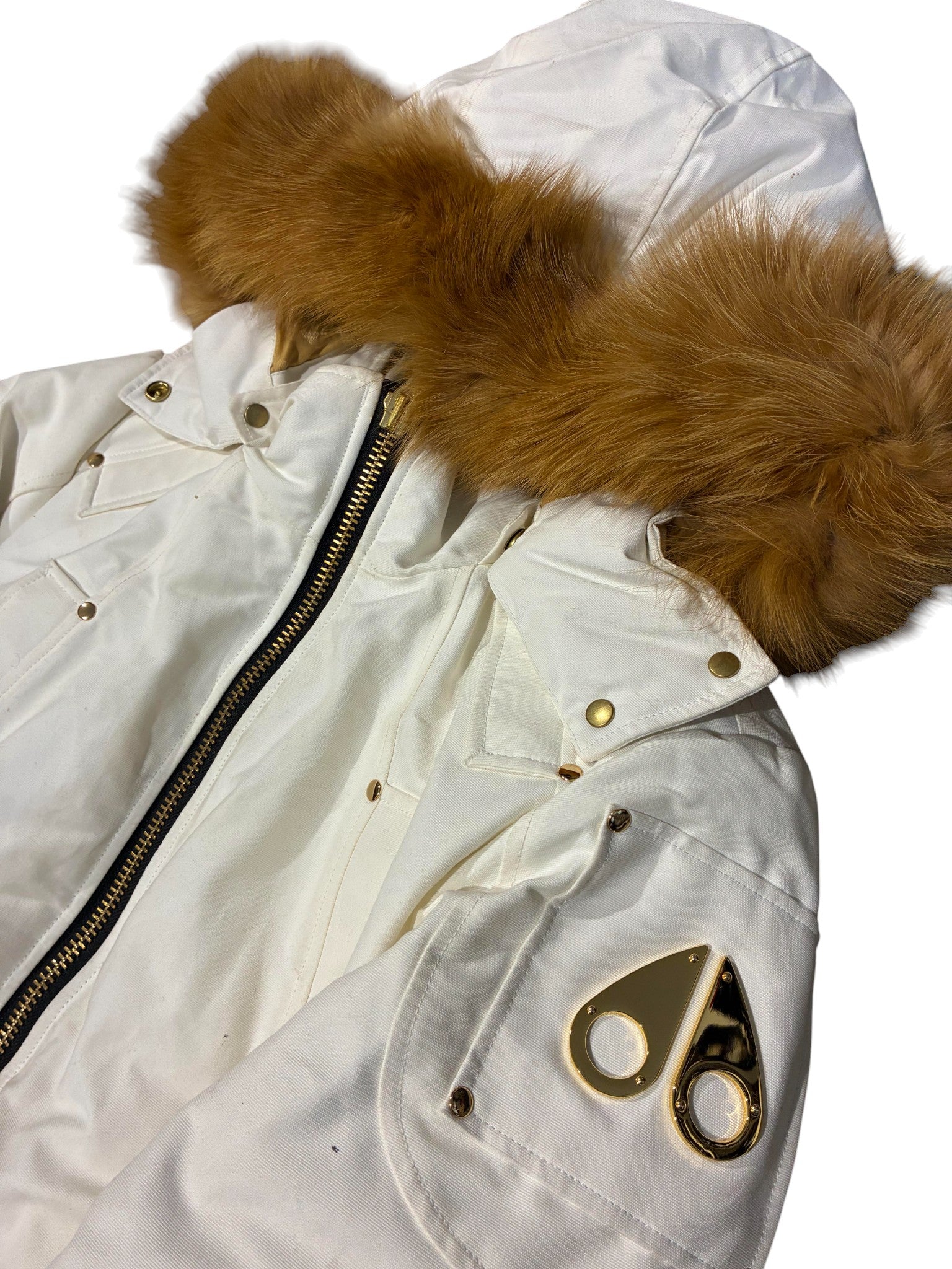 Moose Knuckles White & Brown Fur Bomber Jacket