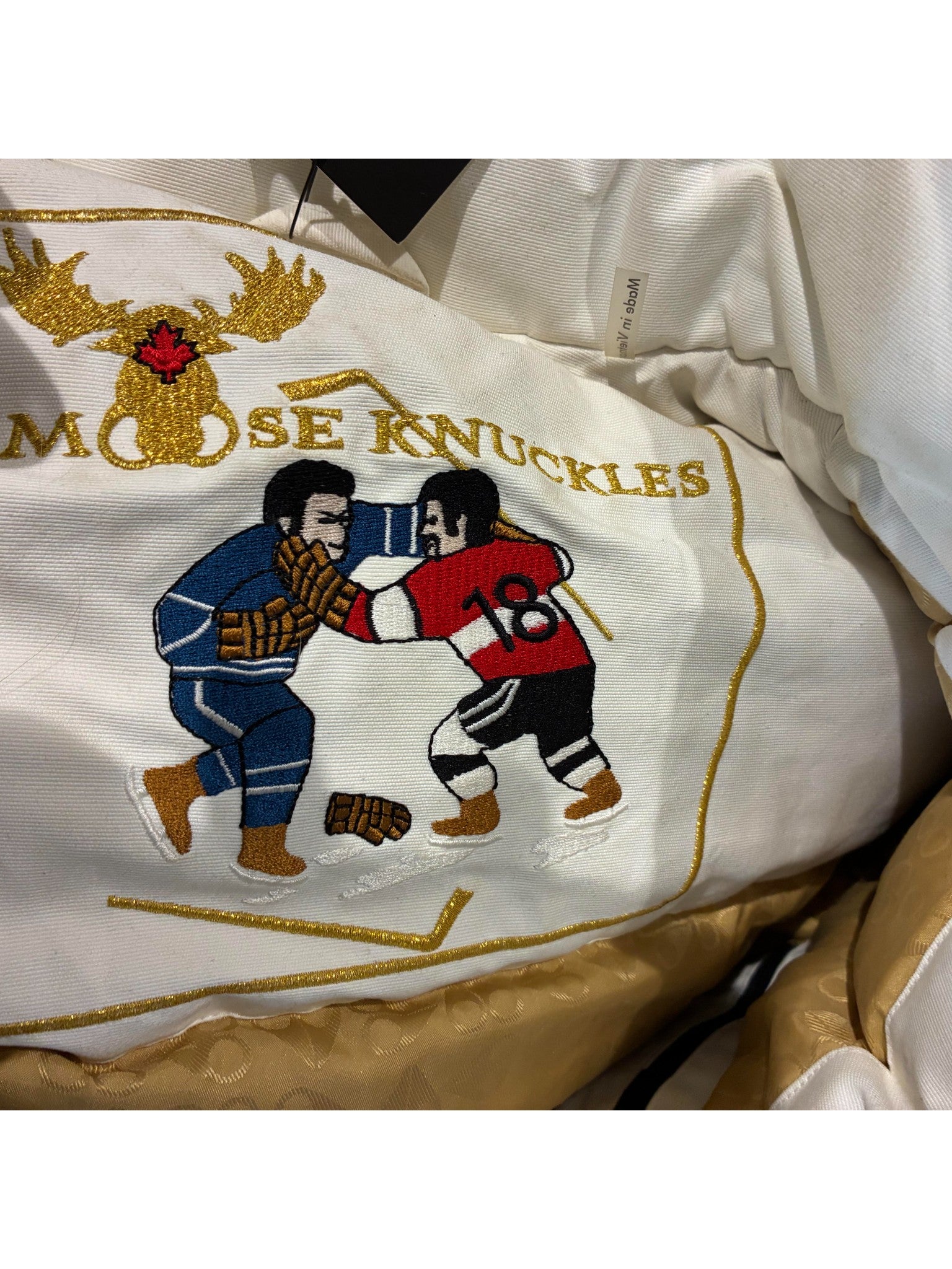 Moose Knuckles White & Brown Fur Bomber Jacket