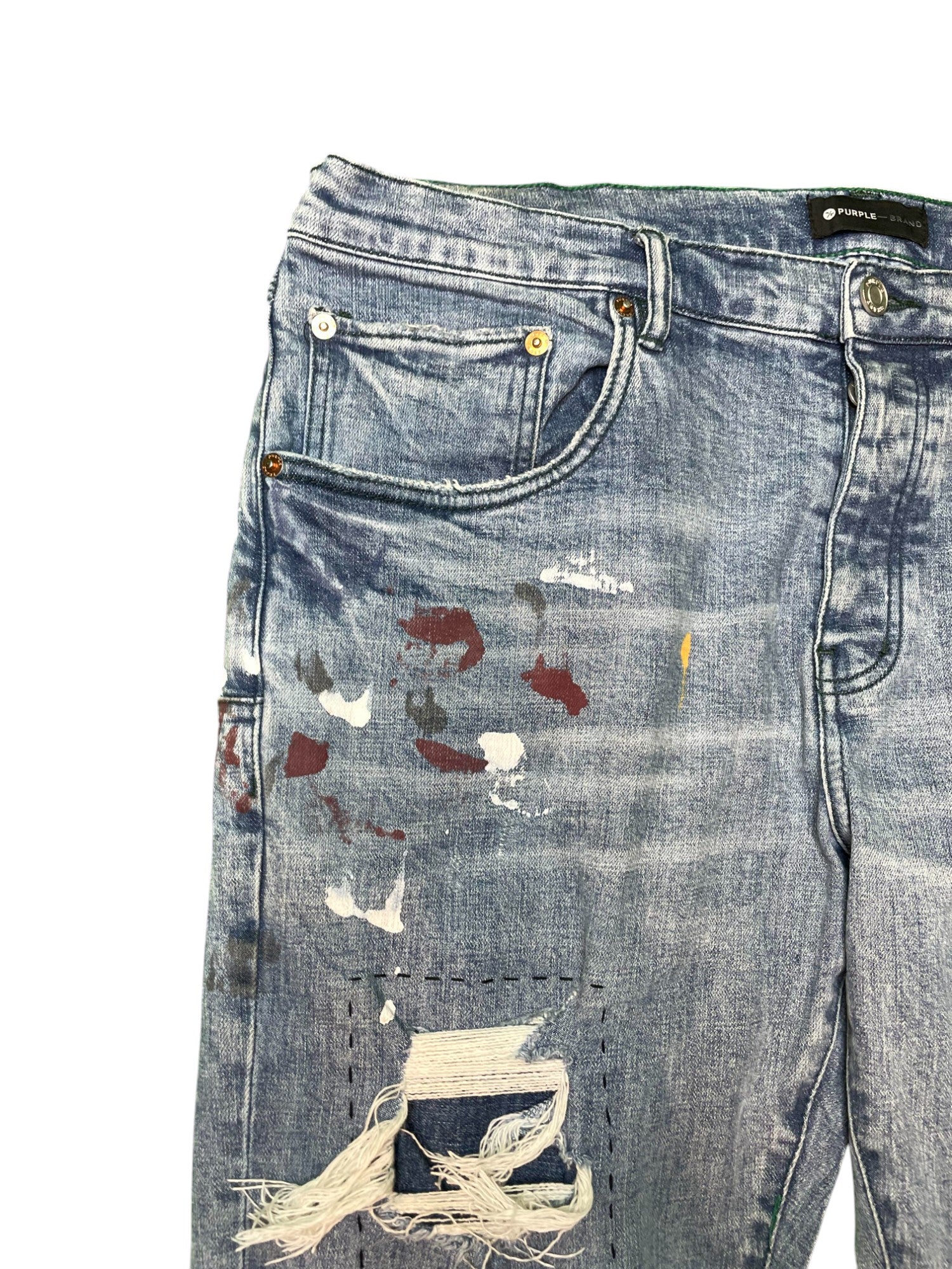 Purple Brand Paint Splatter Light Wash Blue Jeans