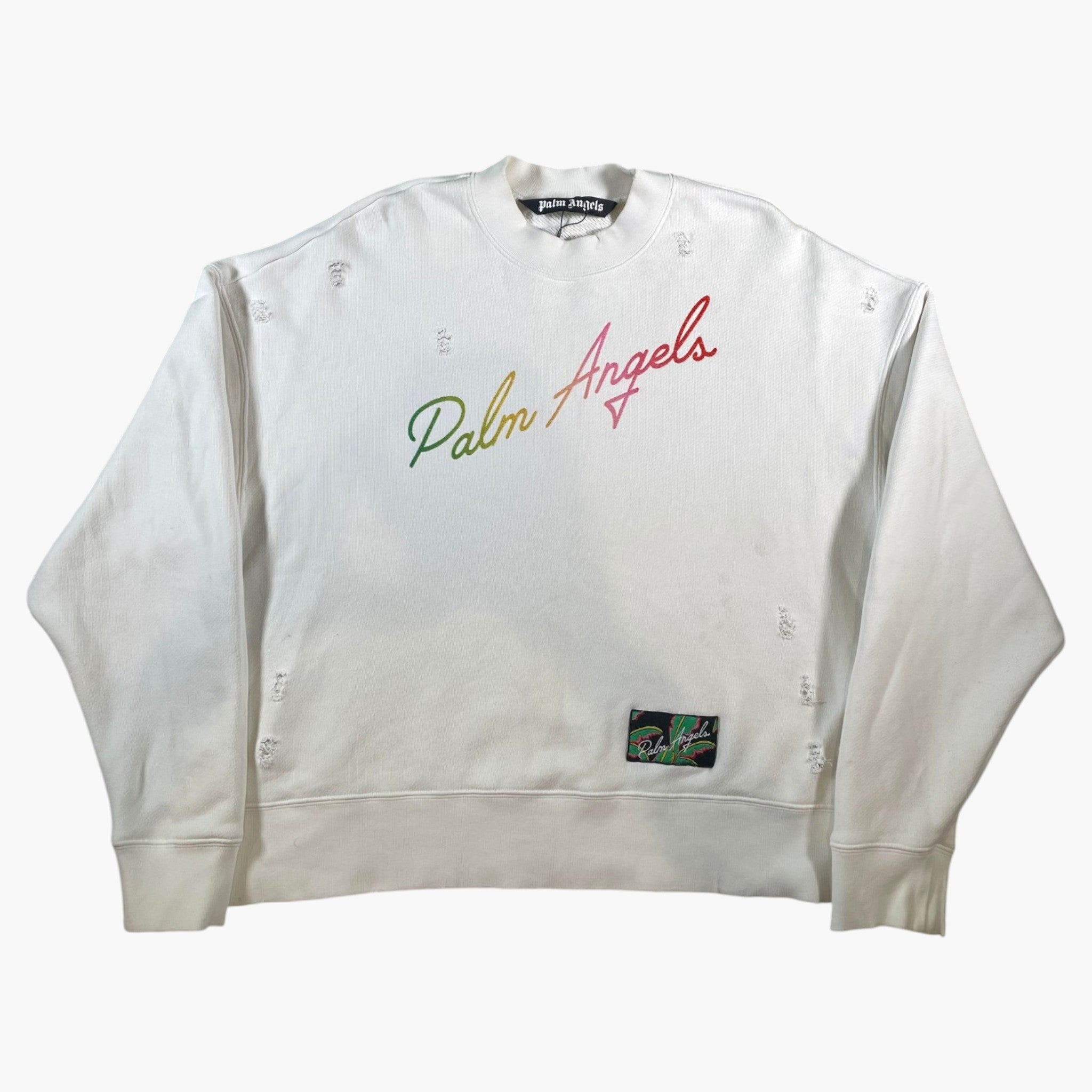Palm Angels Distress Miami Logo White Crewneck
