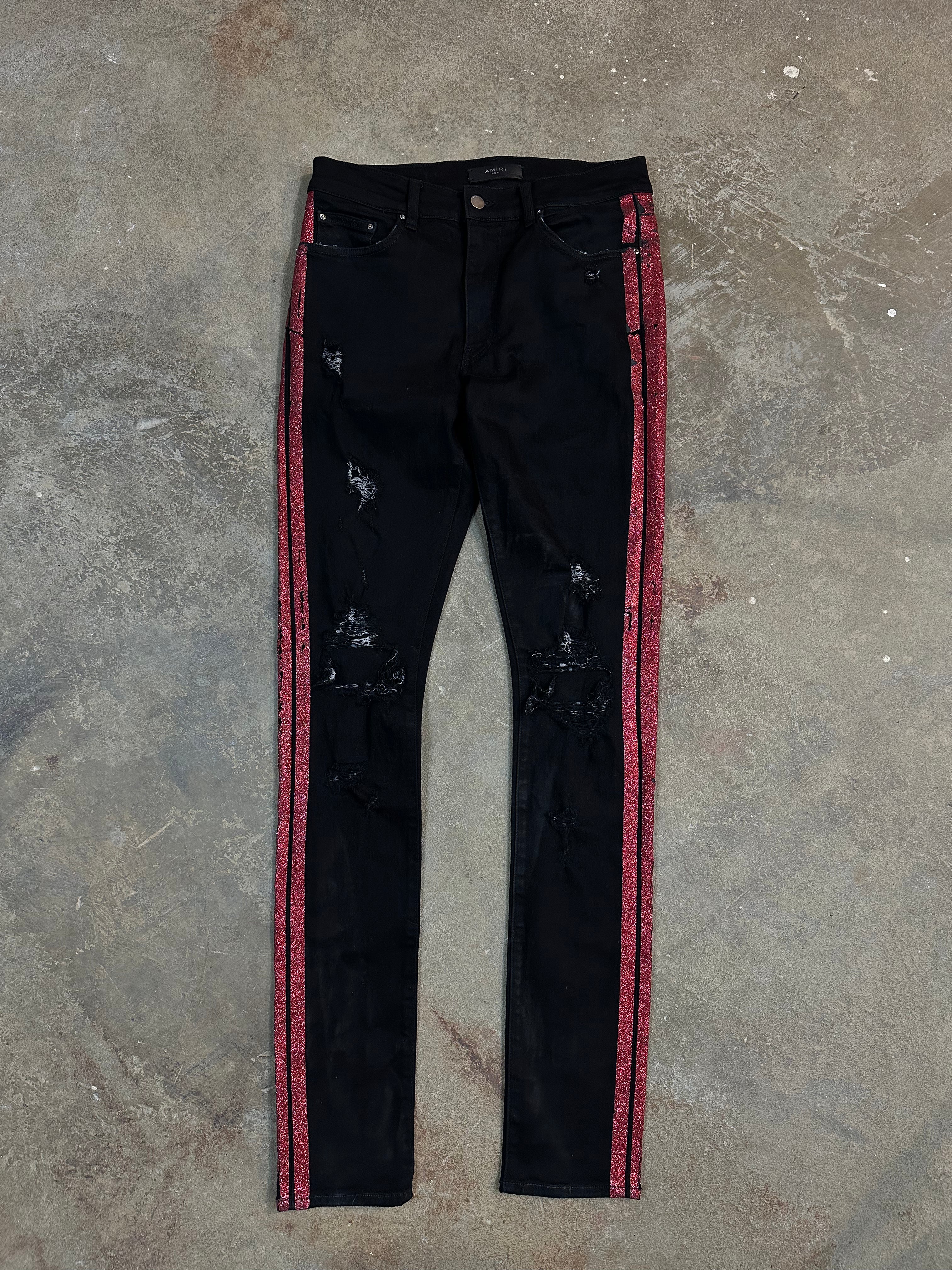 Amiri Jeans Black Red Glitter Stripe Used 31