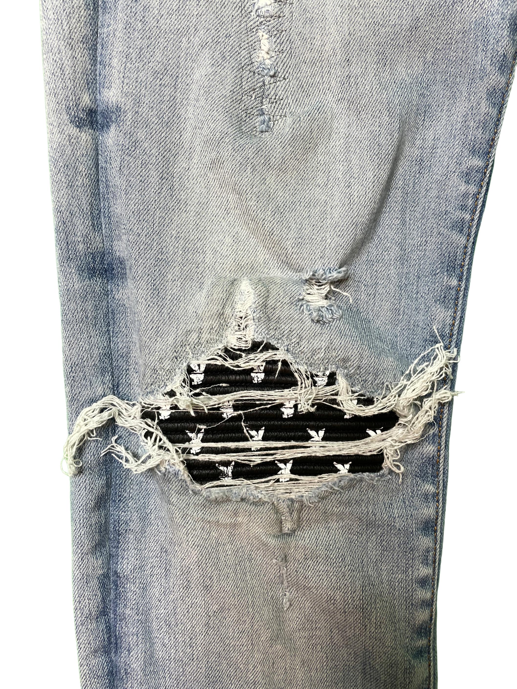 Amiri MX1 Light Wash Playboy Pale Blue Patch Jeans
