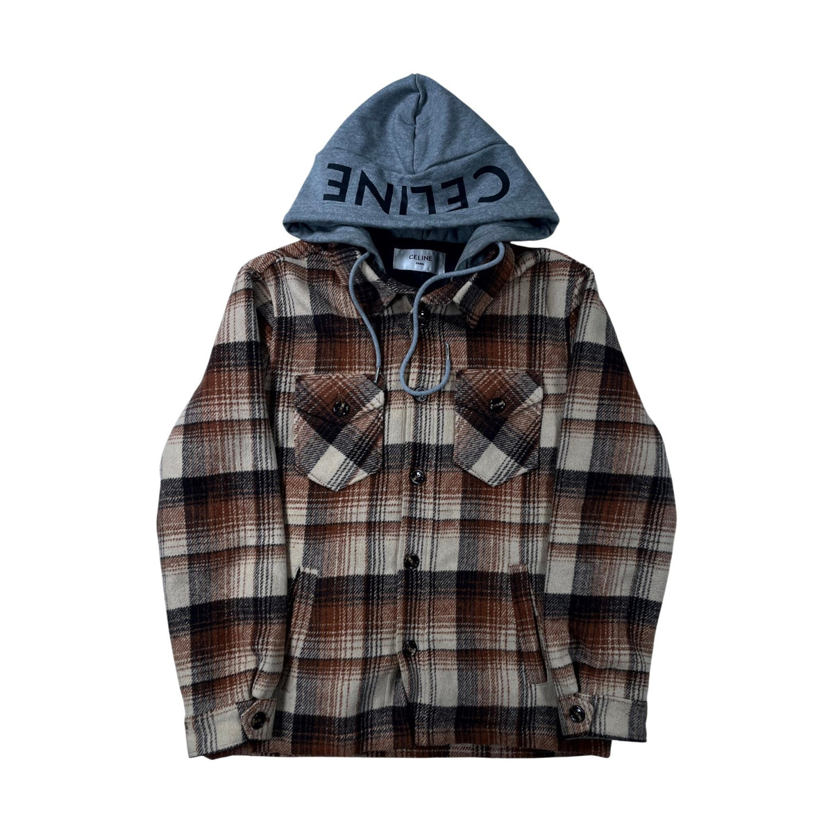 Celine Plaid Logo Hooded Shirt Brown Hoodie