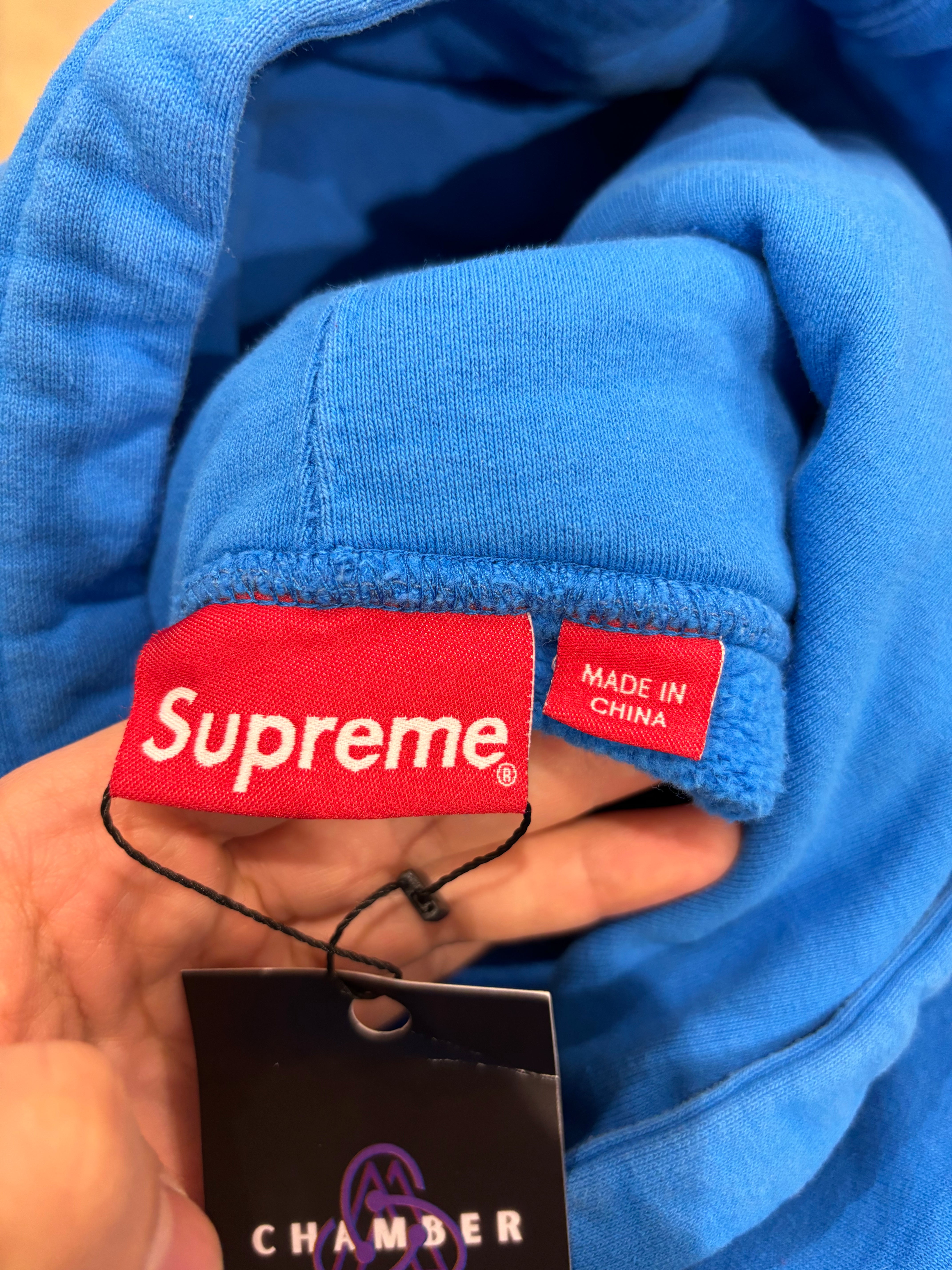 Supreme Hoodie Blue Red Sleeve Logo New Large