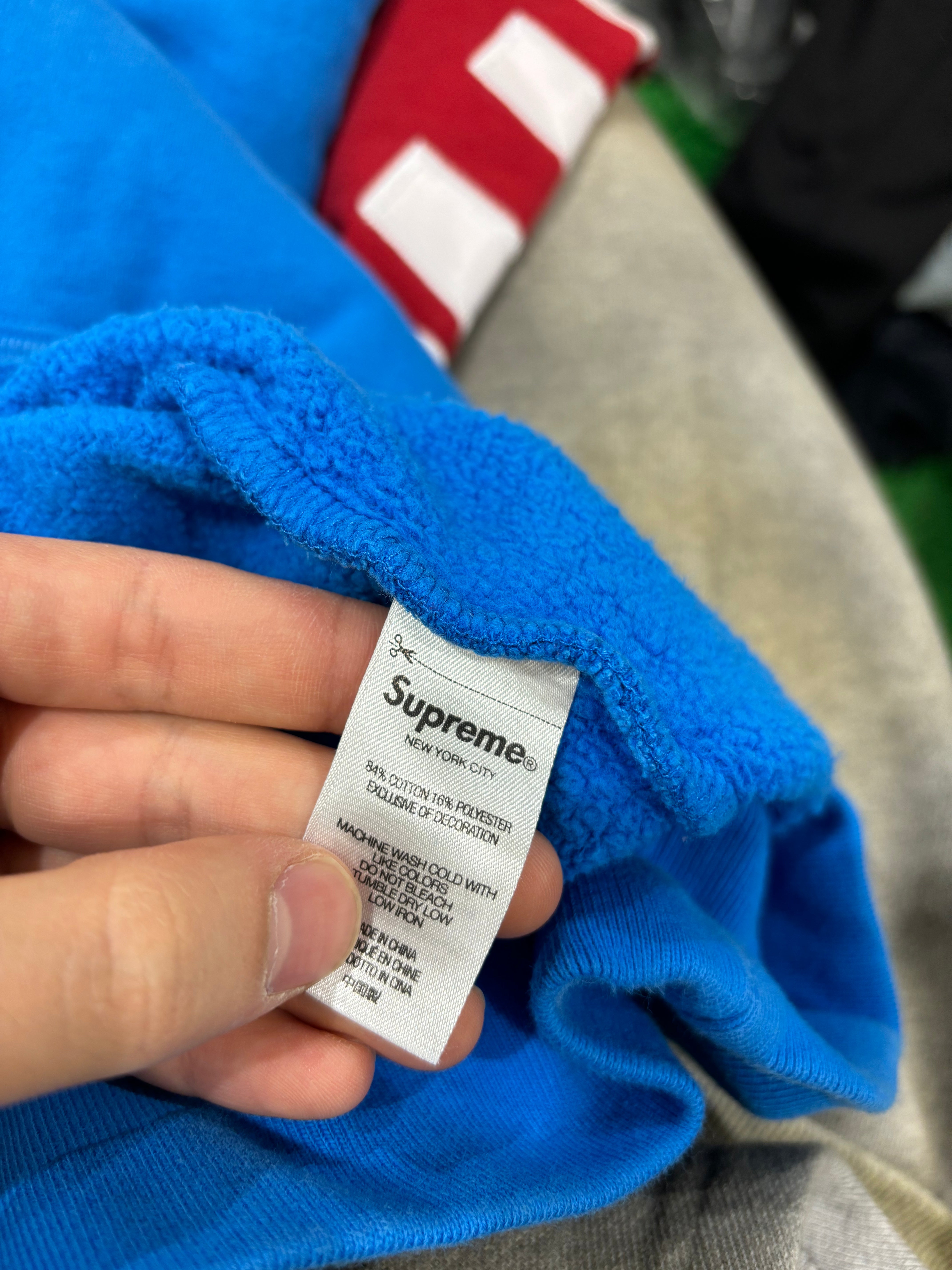 Supreme Hoodie Blue Red Sleeve Logo New Large