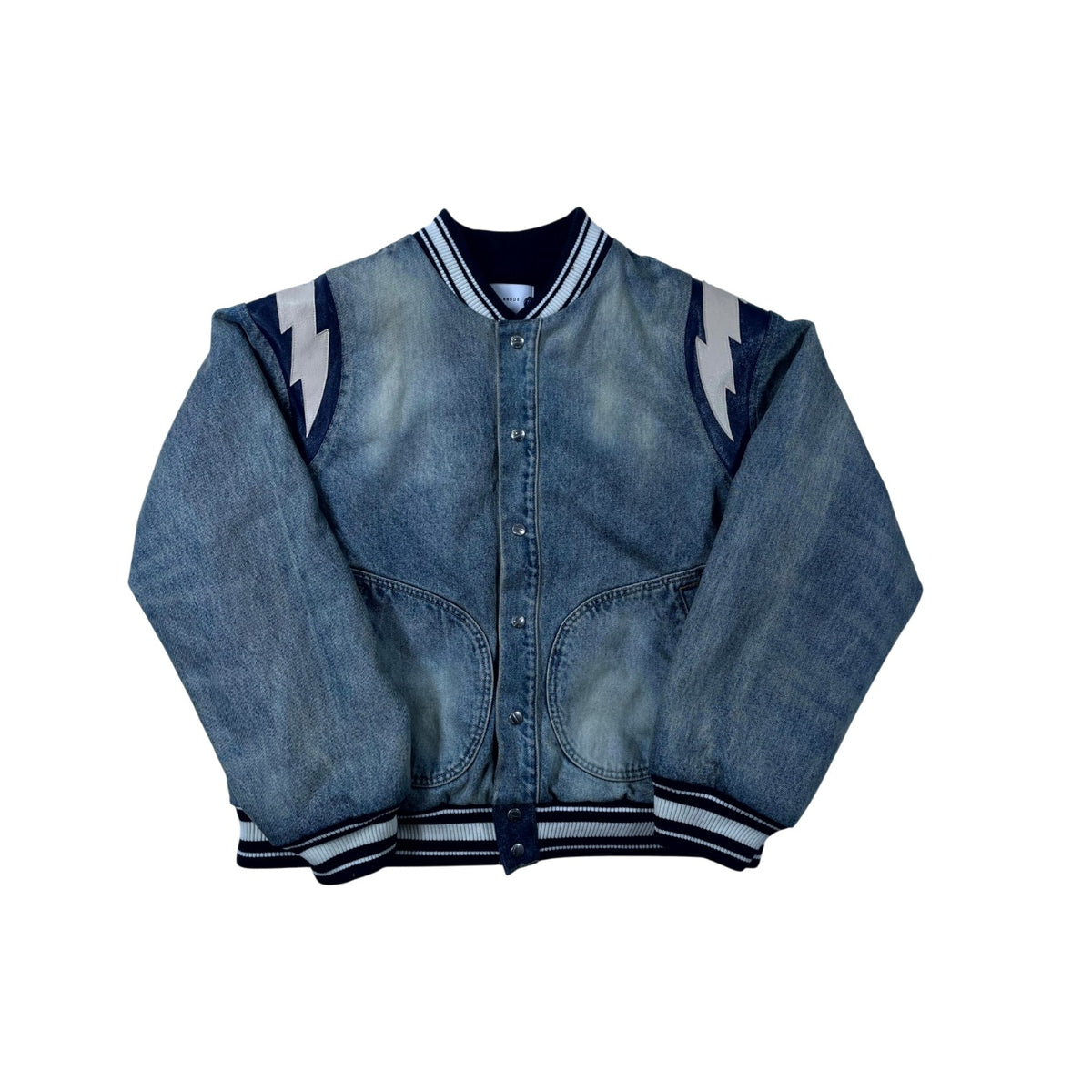 Rhude Denim Leather Varsity Blue Jacket