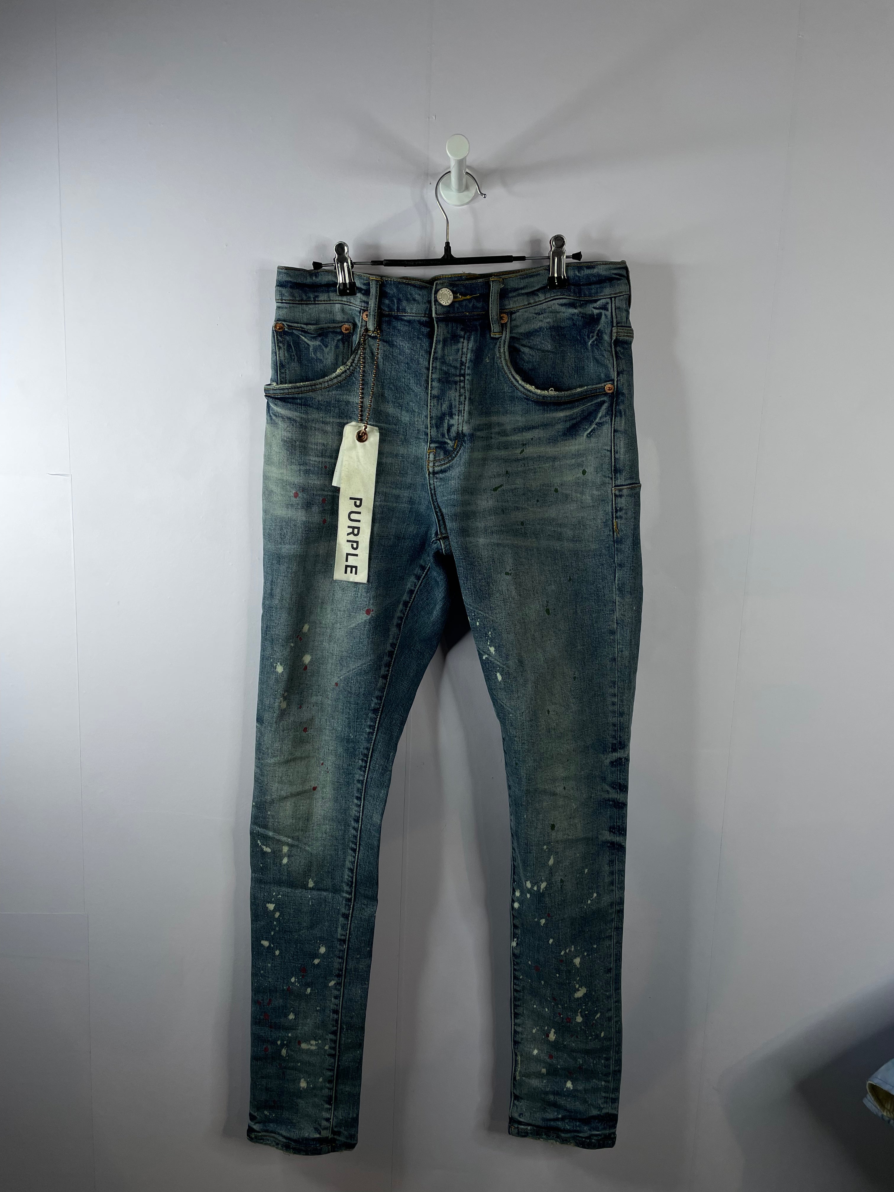 Purple Jeans Blue Paint Splatter Used 30