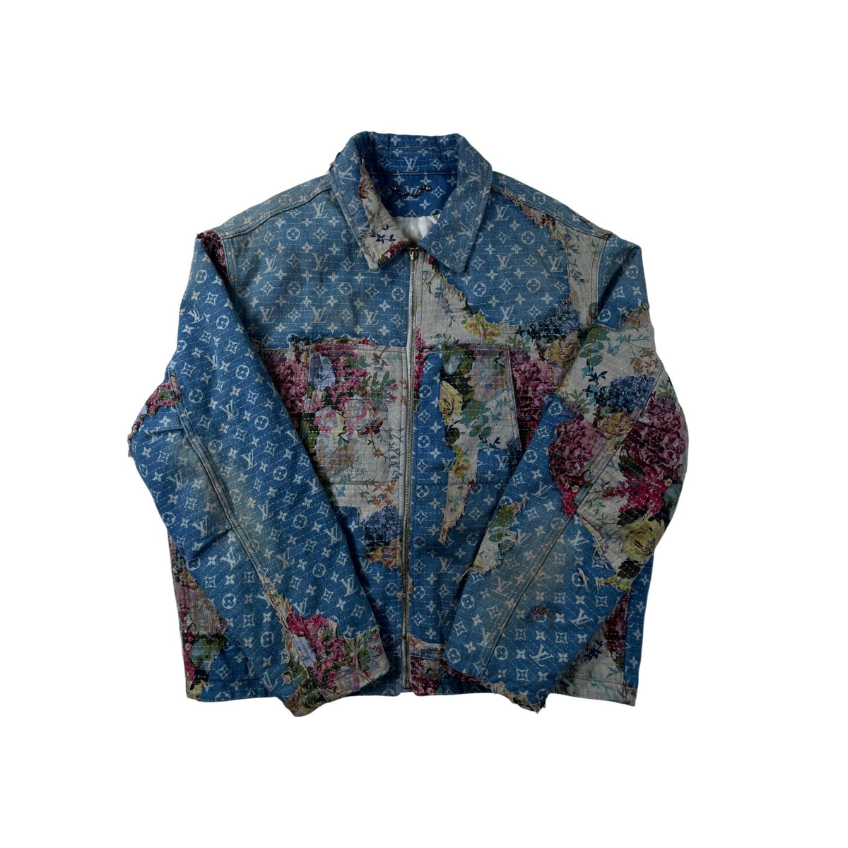 Louis Vuitton Denim Floral Destroyed Quilted Light Wash & Multicolor Jacket