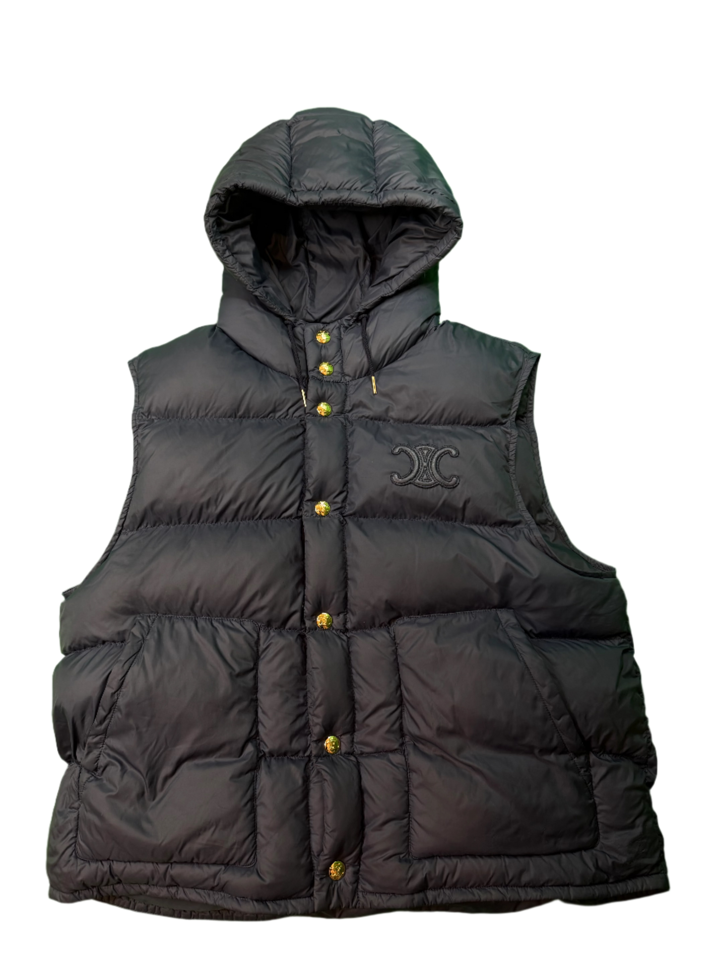Celine CC Logo Navy Hooded Puffer Vest