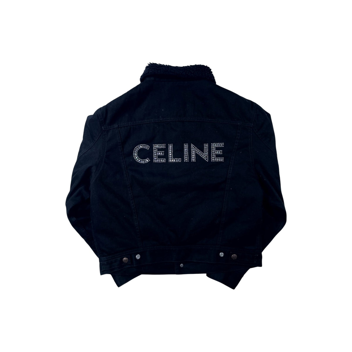Celine Sherpa Lined Rhinestone Logo Denim Black Jacket