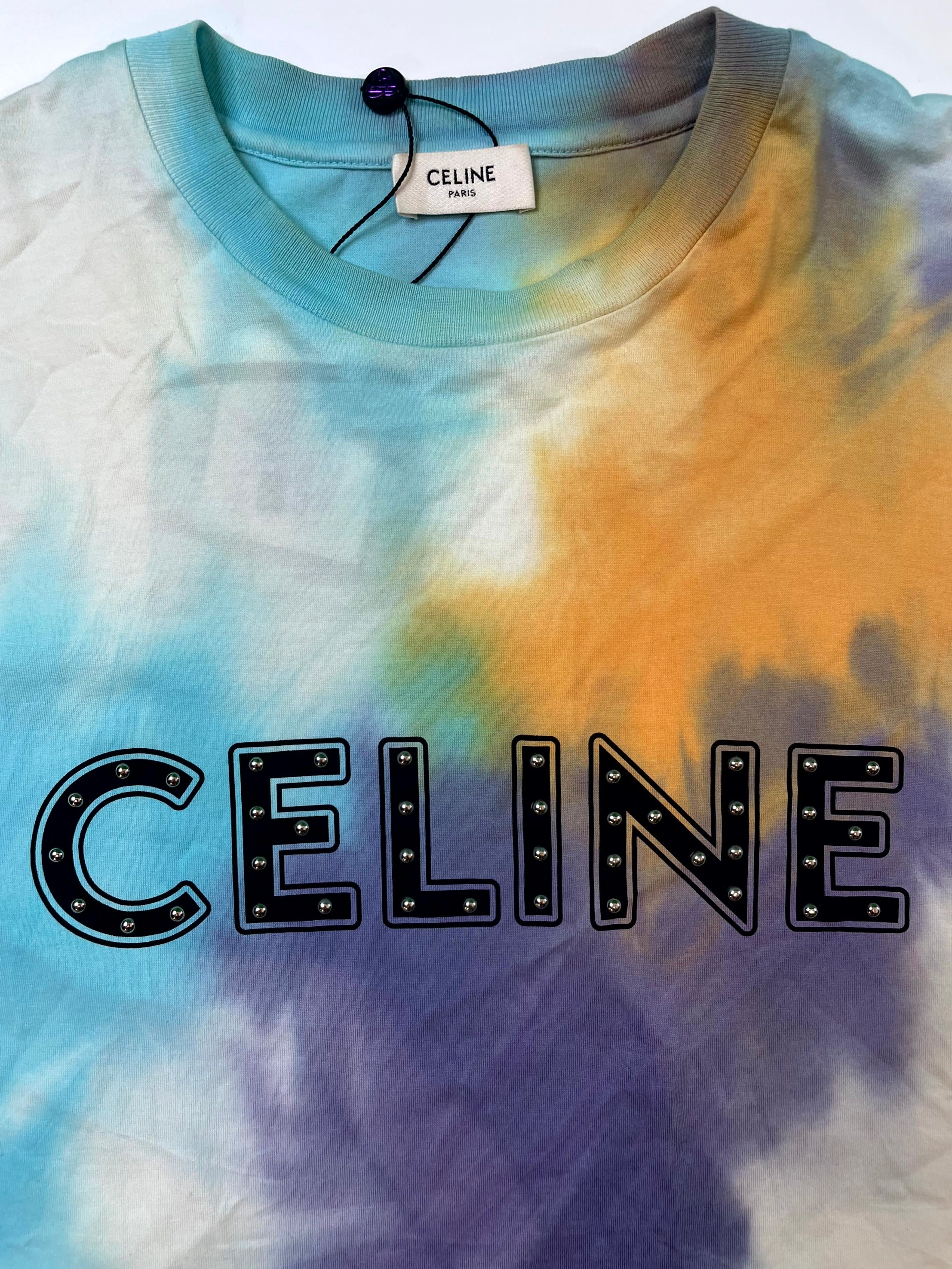 Celine Studded Spellout Logo Tie Dye Tee