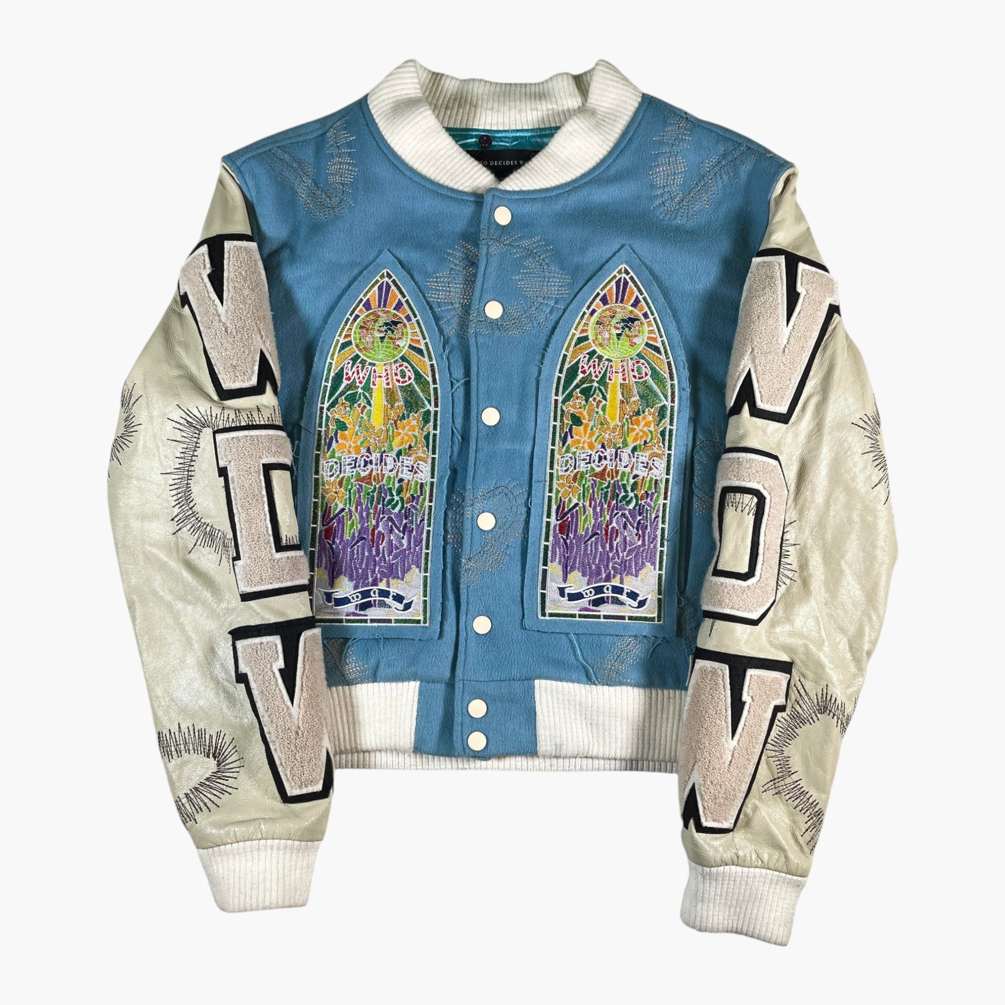 Who Decides War Stained Glass Baby Blue Varsity Jacket