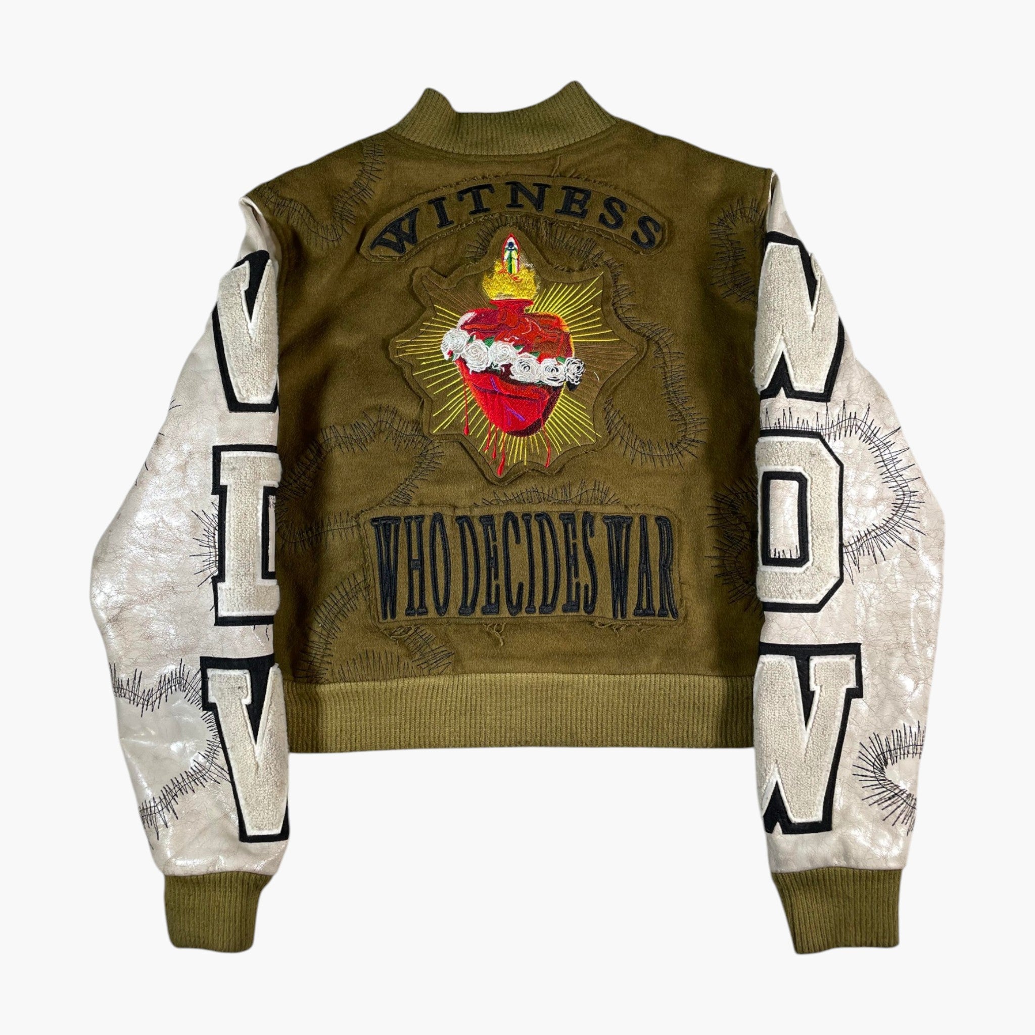 Who Decides War Stained Olive Varsity Jacket
