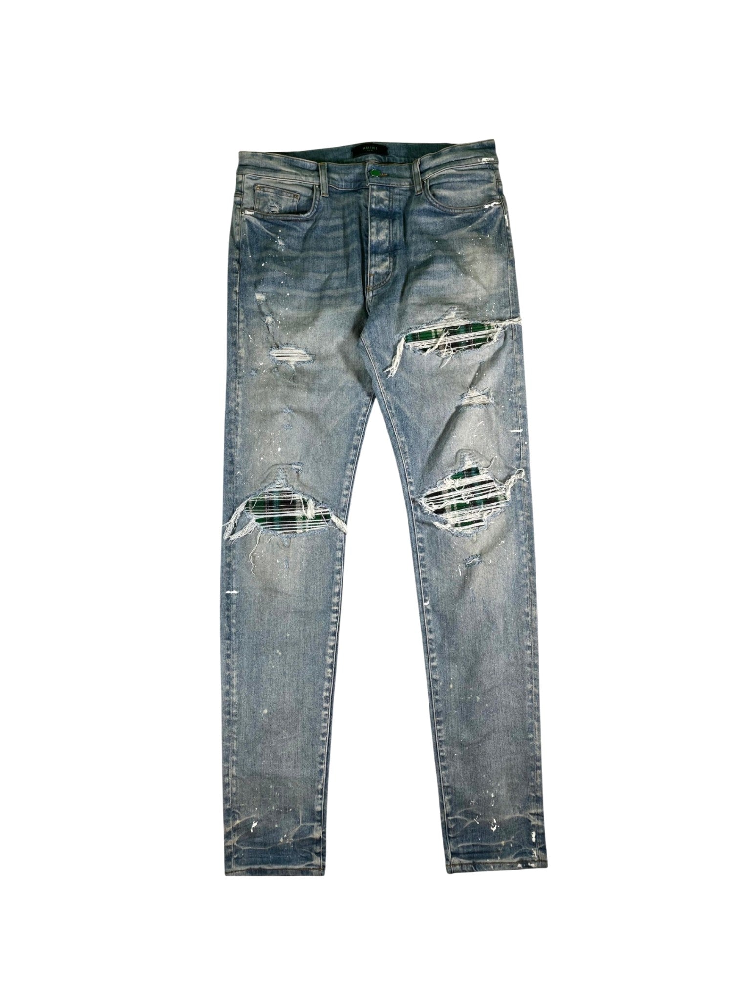 Amiri "Plaid Patch MX1" Light Wash & Green Jeans