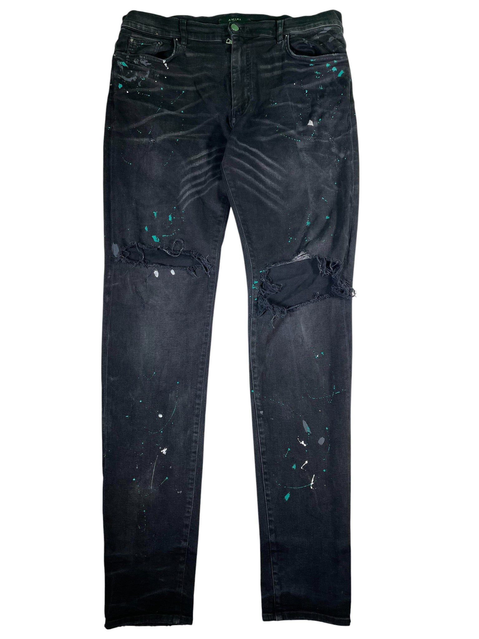 Amiri Black Wash Teal Splatter Jeans