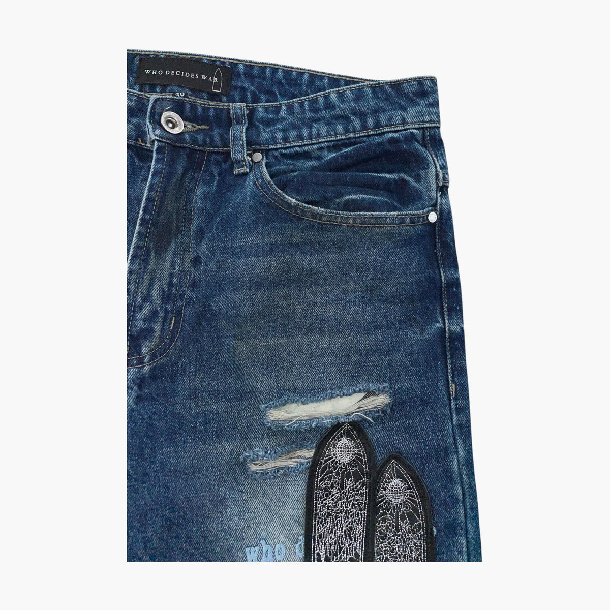 Who Decides War Scripture Patch Navy Jeans