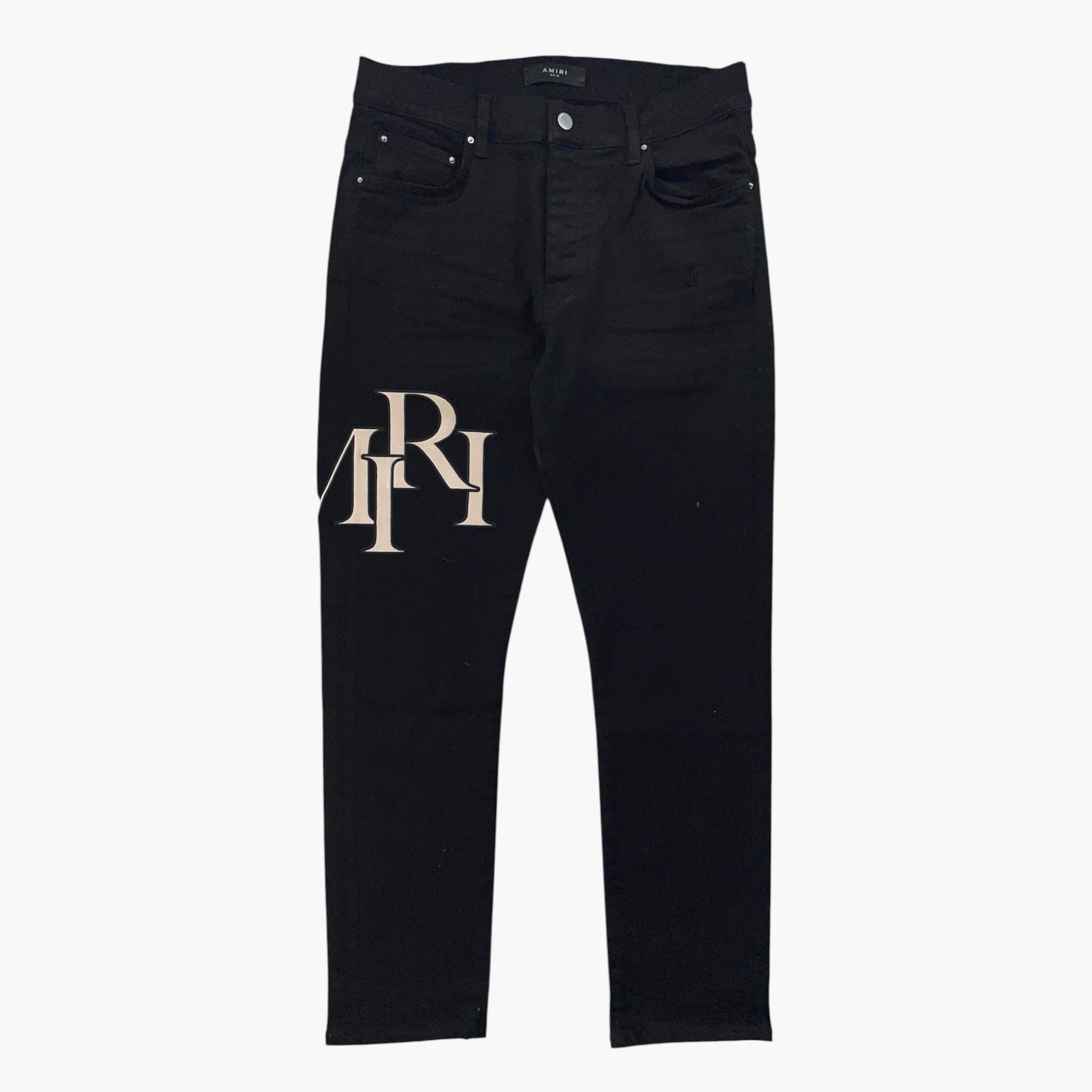Amiri Logo Cream Staggered Side Black Jeans