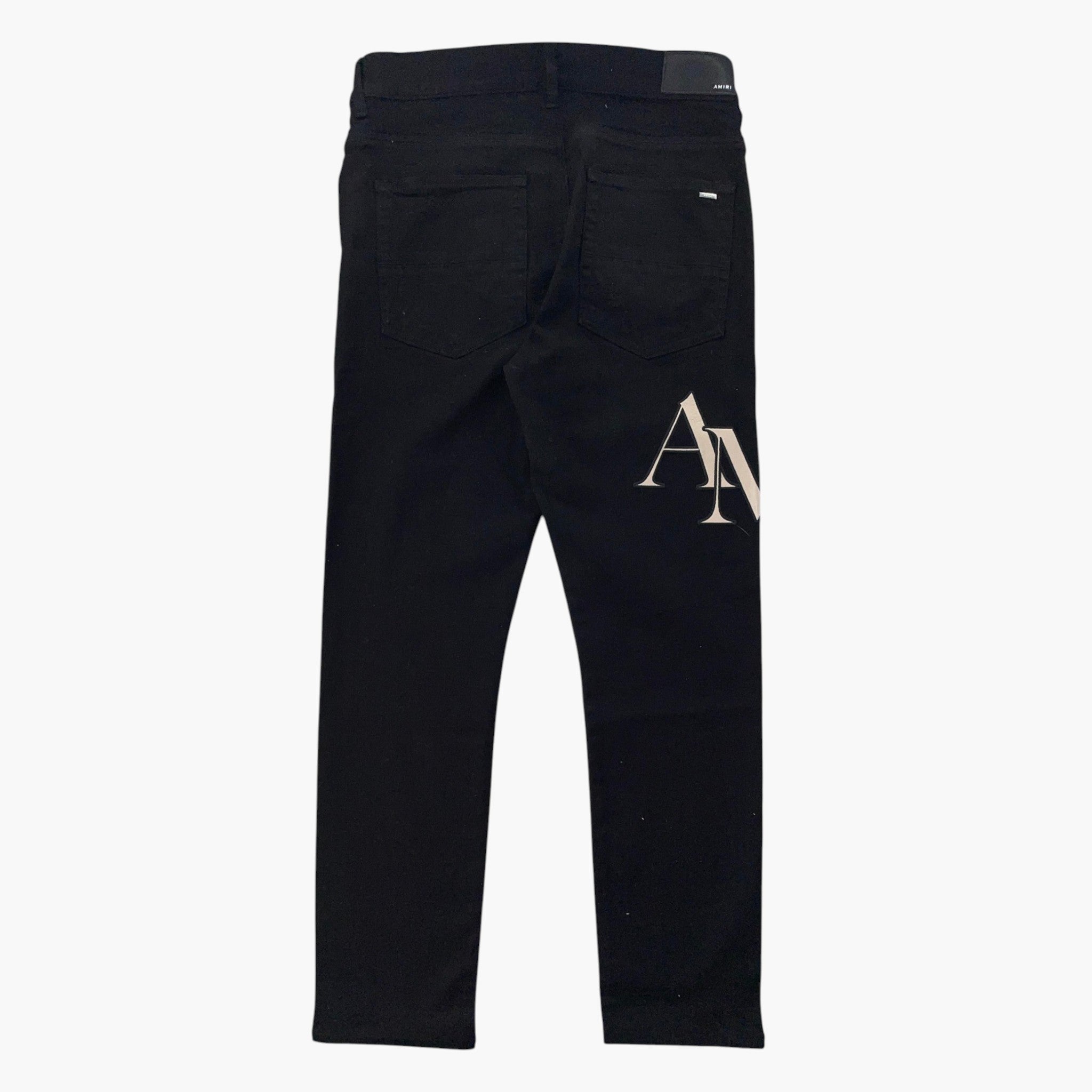 Amiri Logo Cream Staggered Side Black Jeans