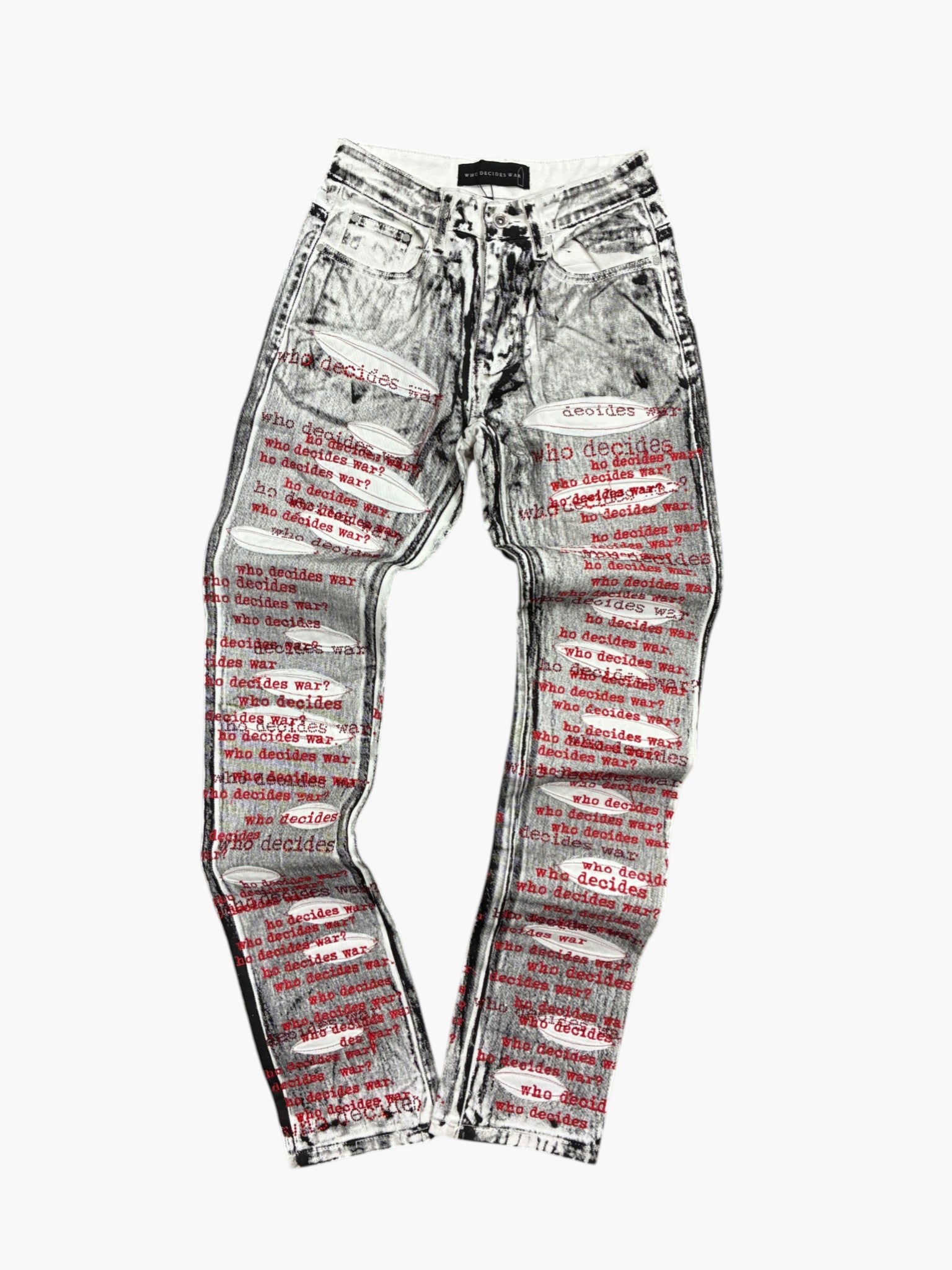 Who Decides War 'Red Scripture Black Rhinestone' Wax White Jeans