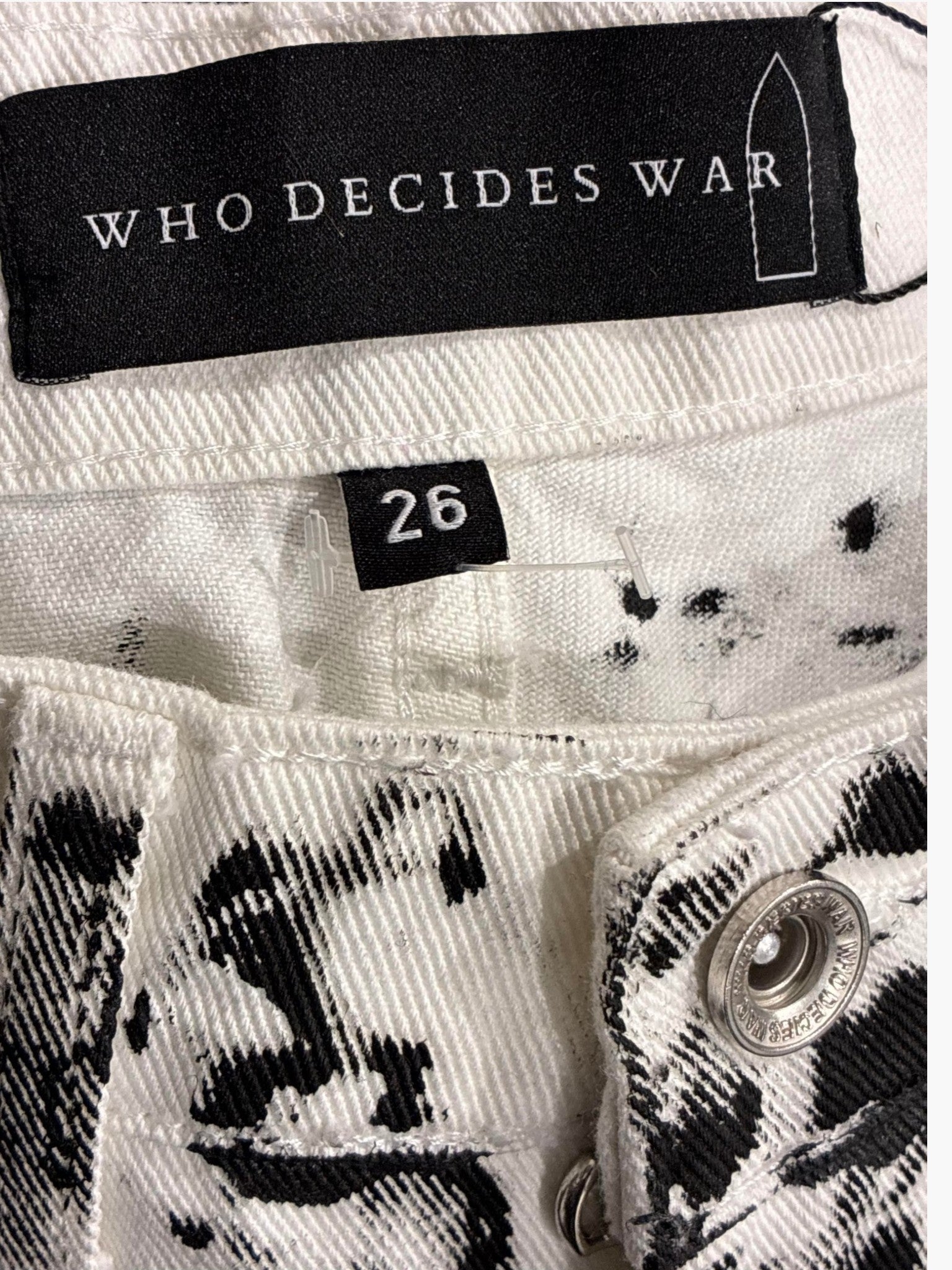 Who Decides War 'Red Scripture Black Rhinestone' Wax White Jeans