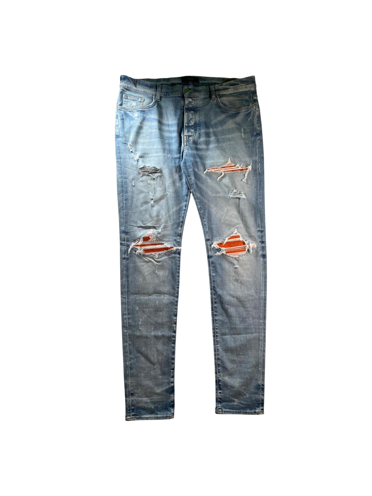 Amiri MX1 Crackle Patch Light Wash & Orange Jeans