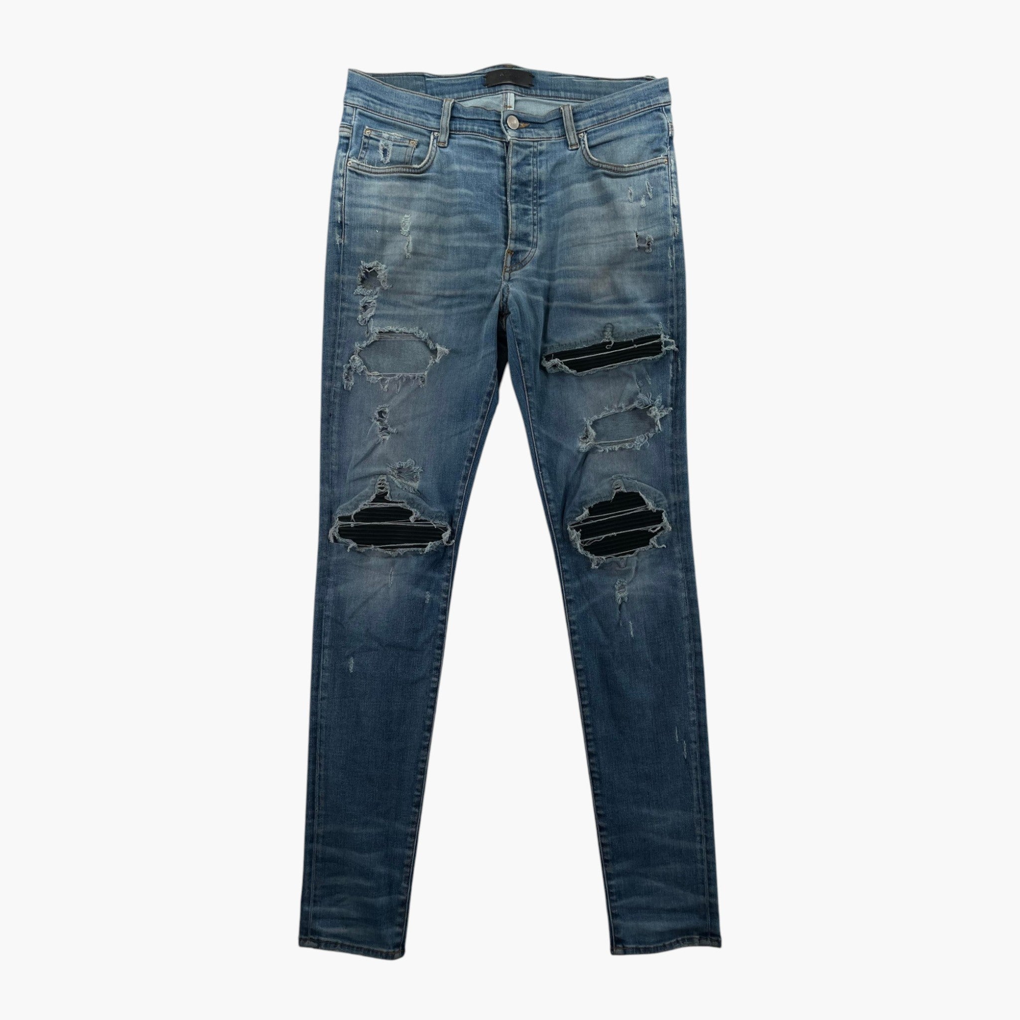 Amiri MX1 Black Suede Patch Light Wash Jeans