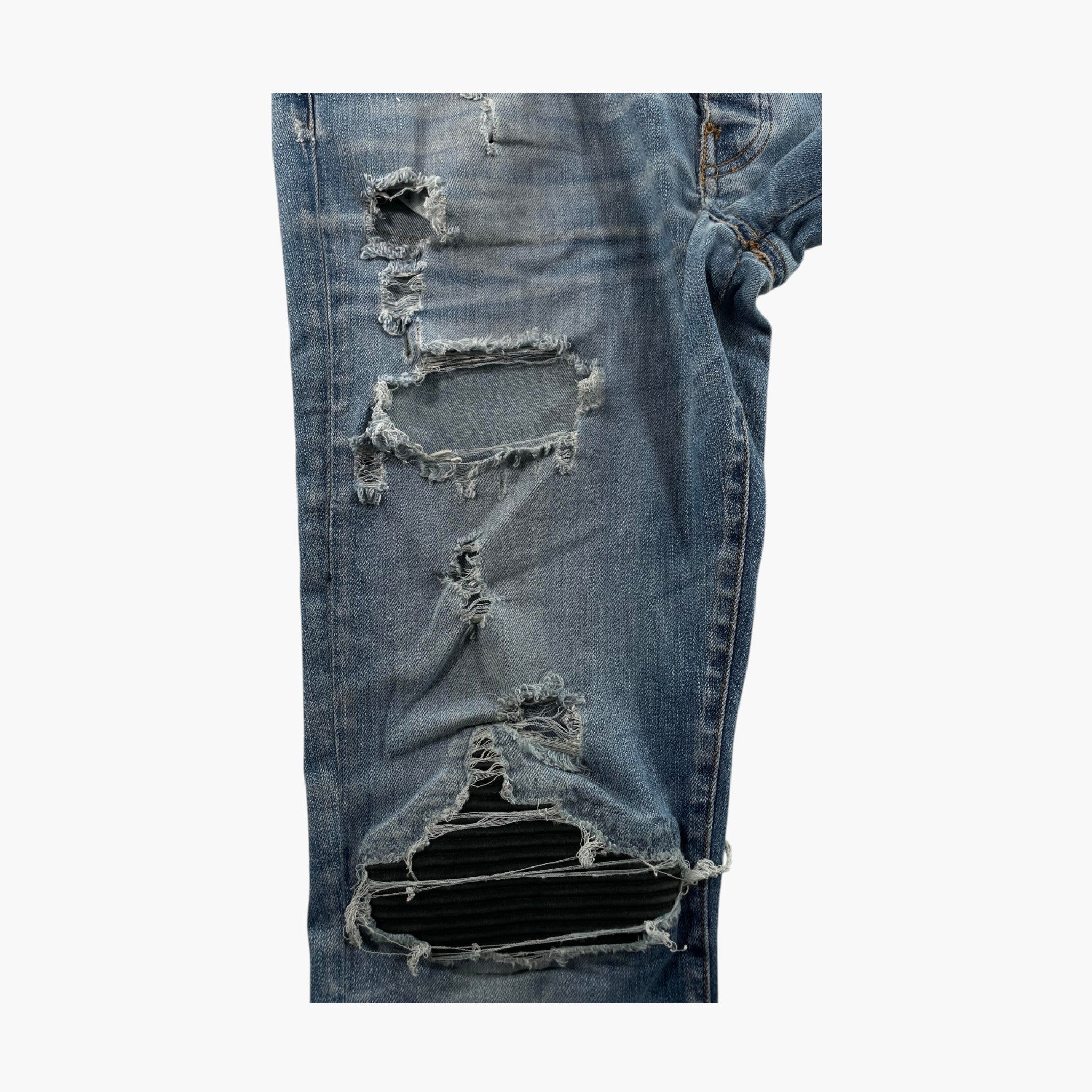 Amiri MX1 Black Suede Patch Light Wash Jeans
