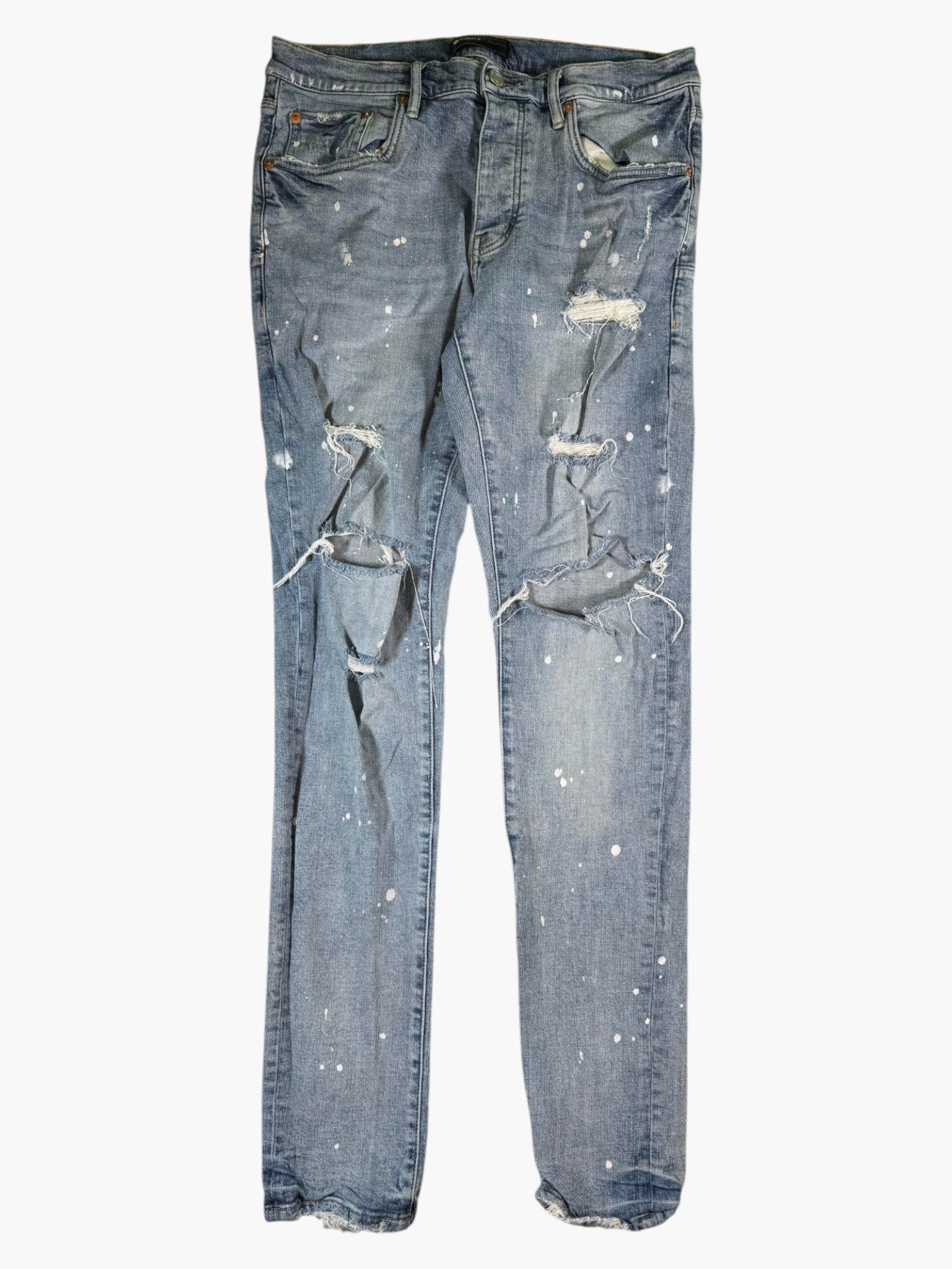 Purple Brand Splatter Ripped Light Wash Jeans