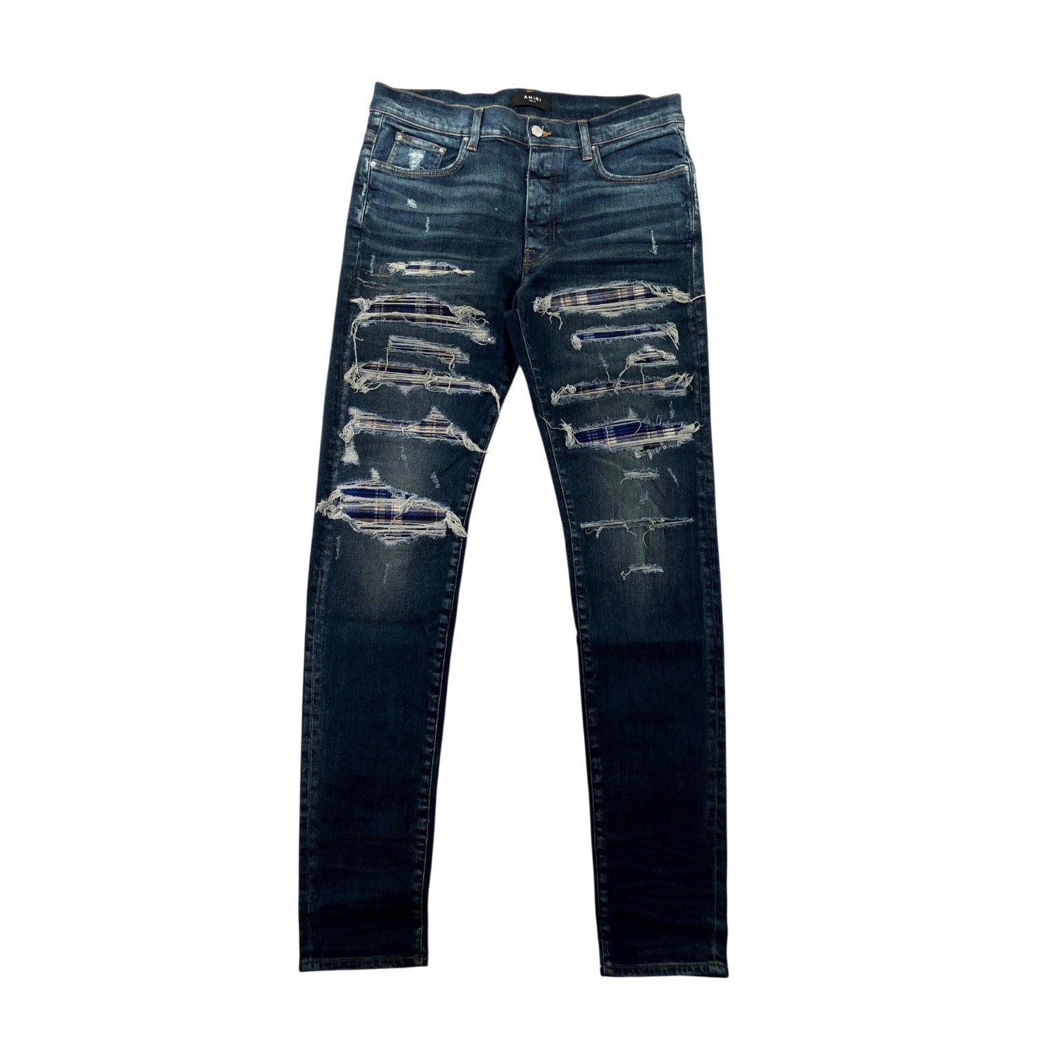 Amiri Plaid Thrasher Patch Navy, Blue & Cream Jeans