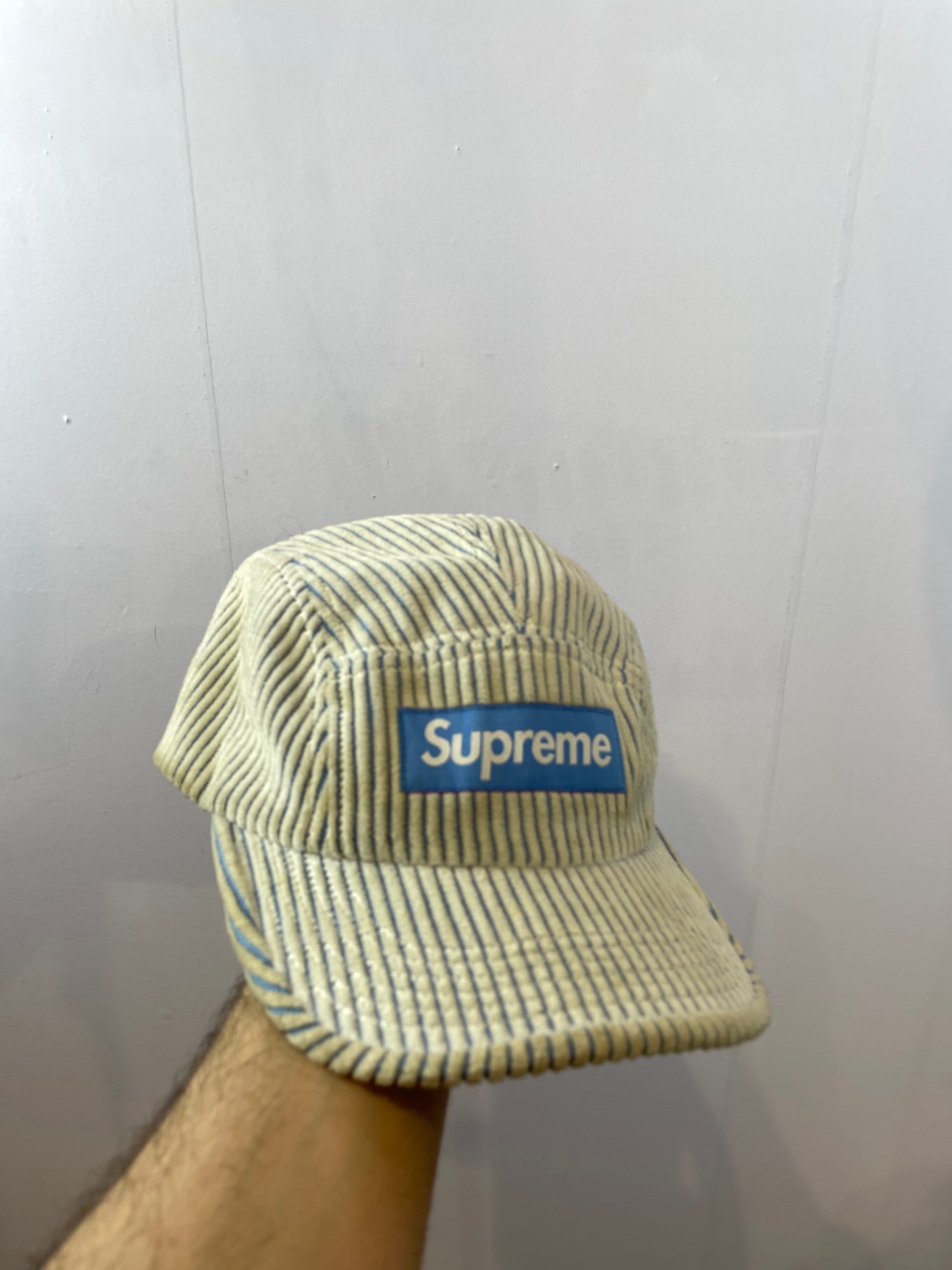 Supreme White & Blue Corduroy Cap