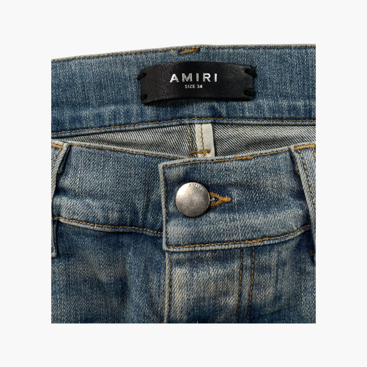Amiri MX1 Green Plaid Patch Light Wash Jeans