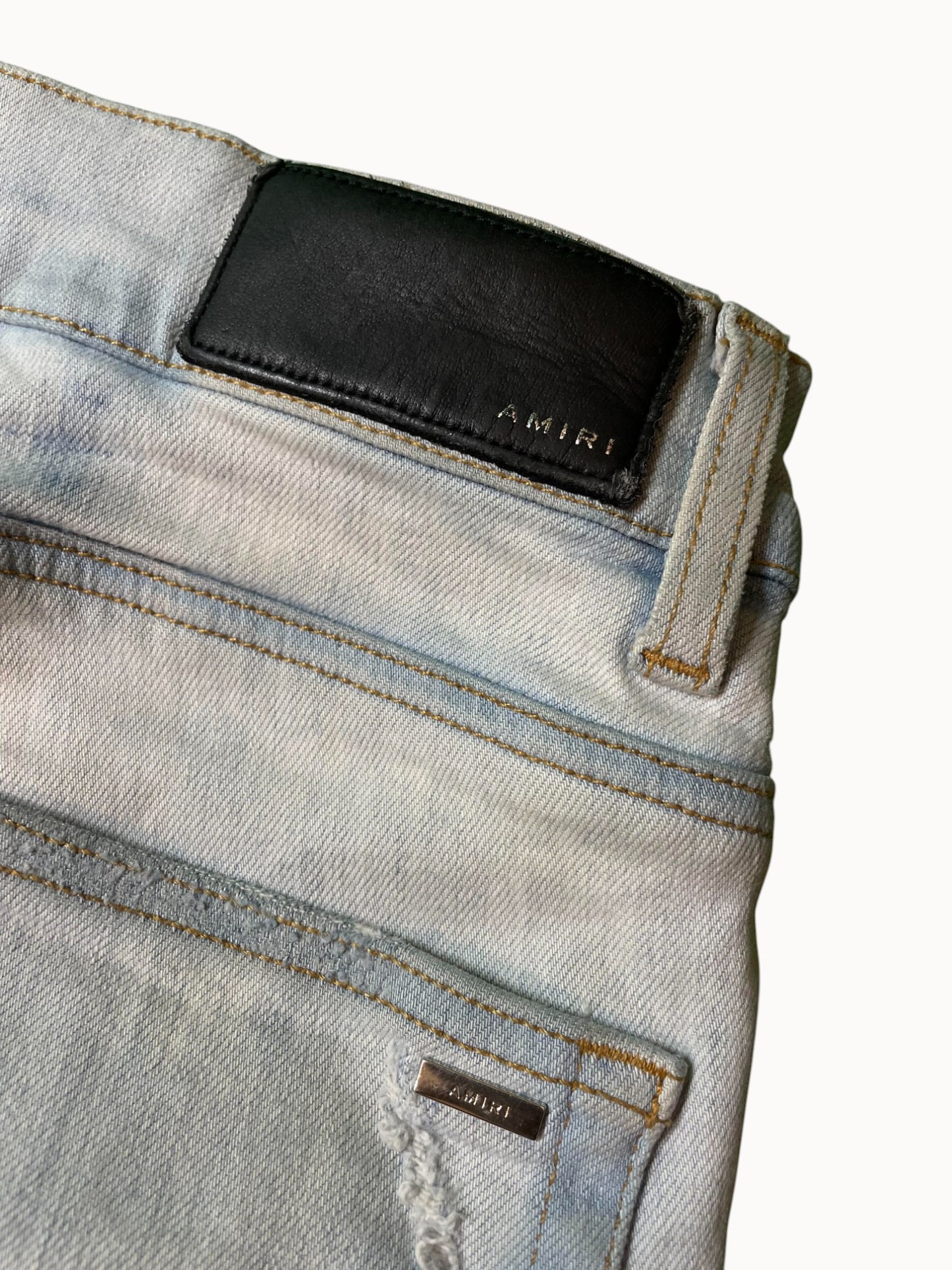 Amiri Black Pink Patch Light Wash Jeans