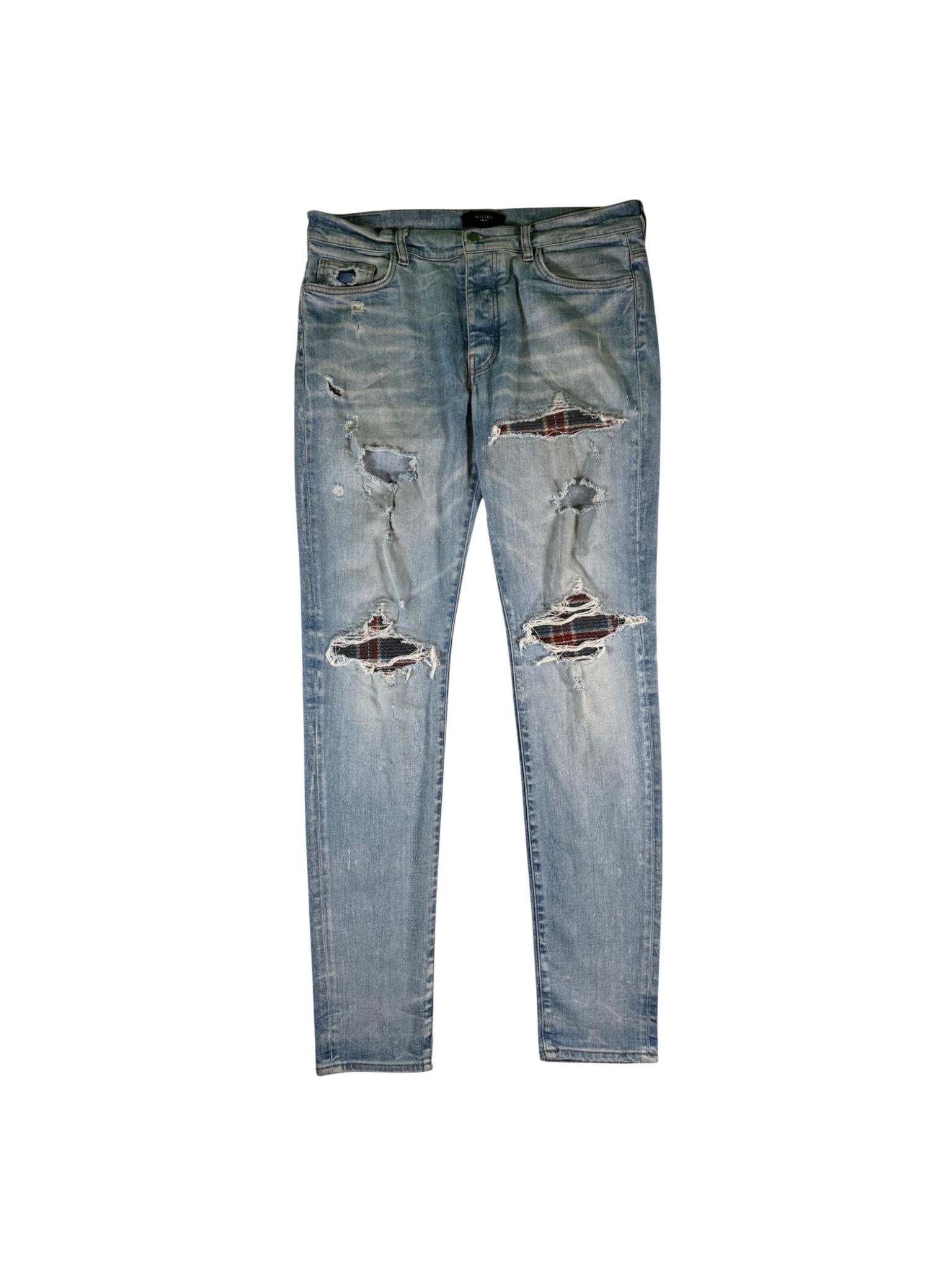Amiri MX1 Plaid Patch Light Wash, Blue & Burgundy Jeans