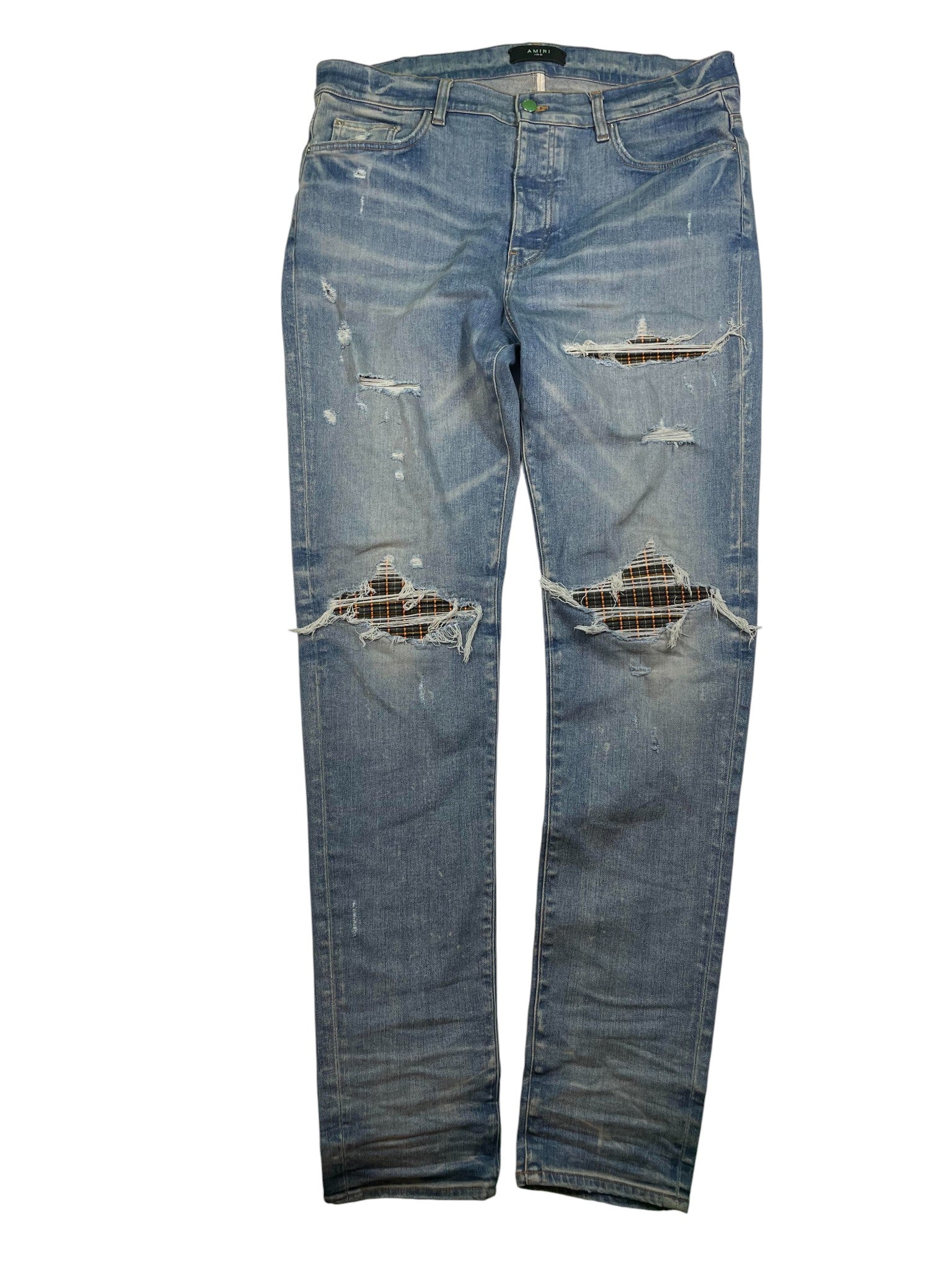 Amiri MX1 Light Wash & Orange, Plaid Grid Jeans