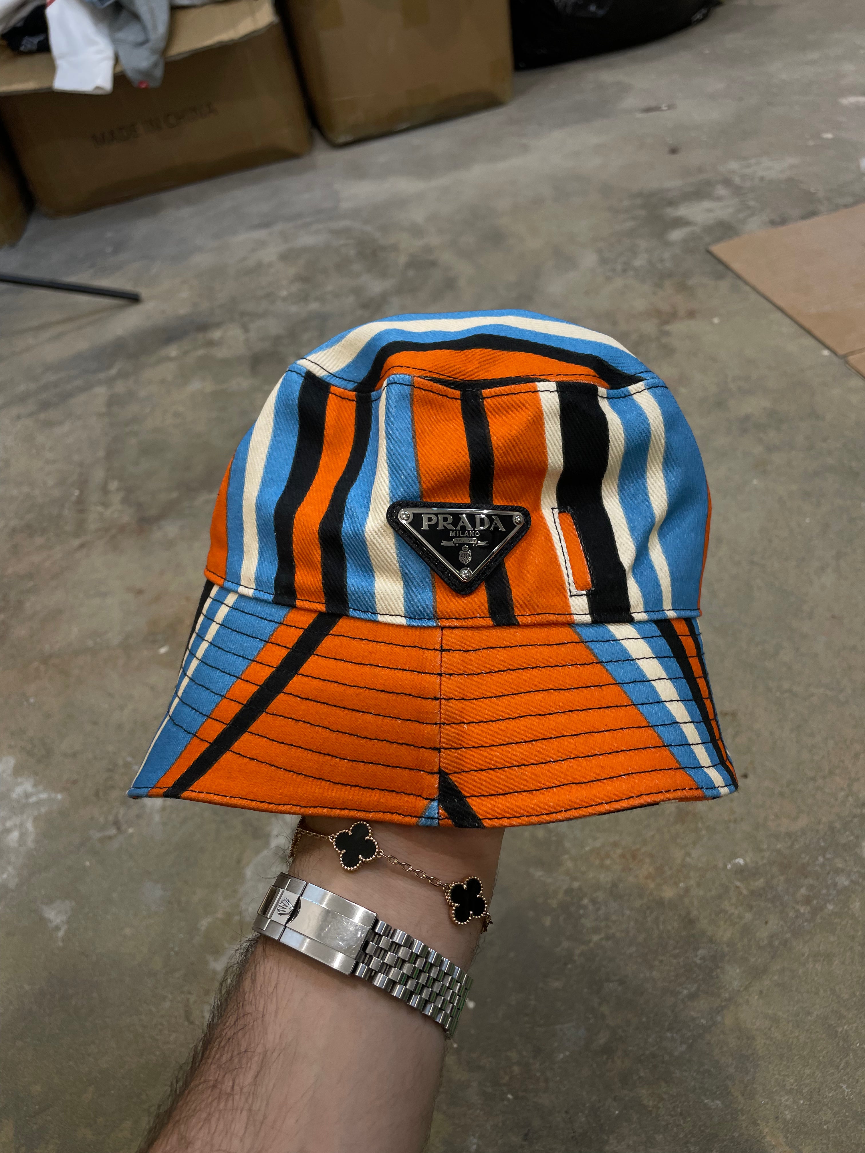 Prada Bucket Hat Orange Multi New Small With Tags