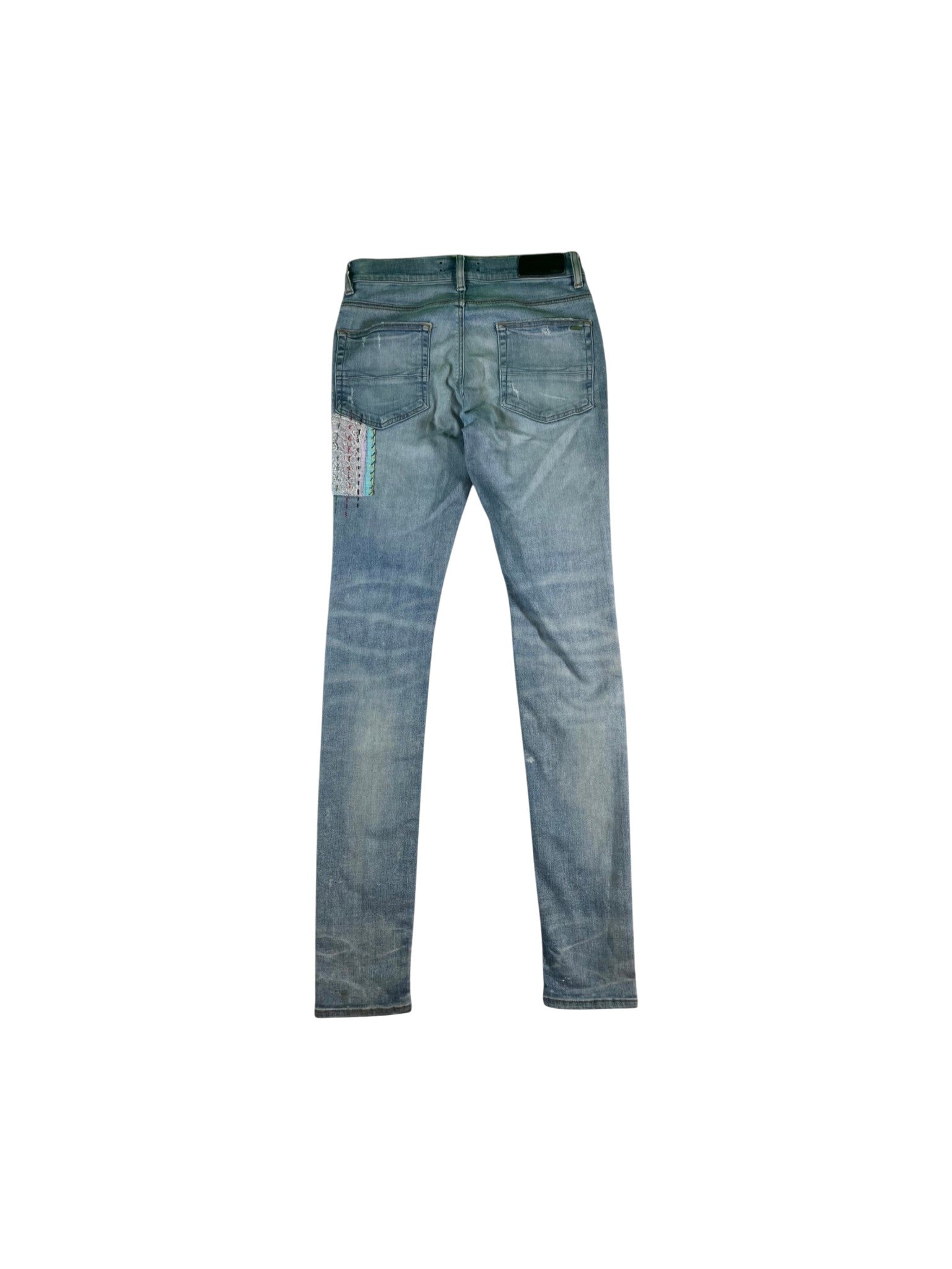 Amiri Quilted Teal Patchwork Light Wash Jeans
