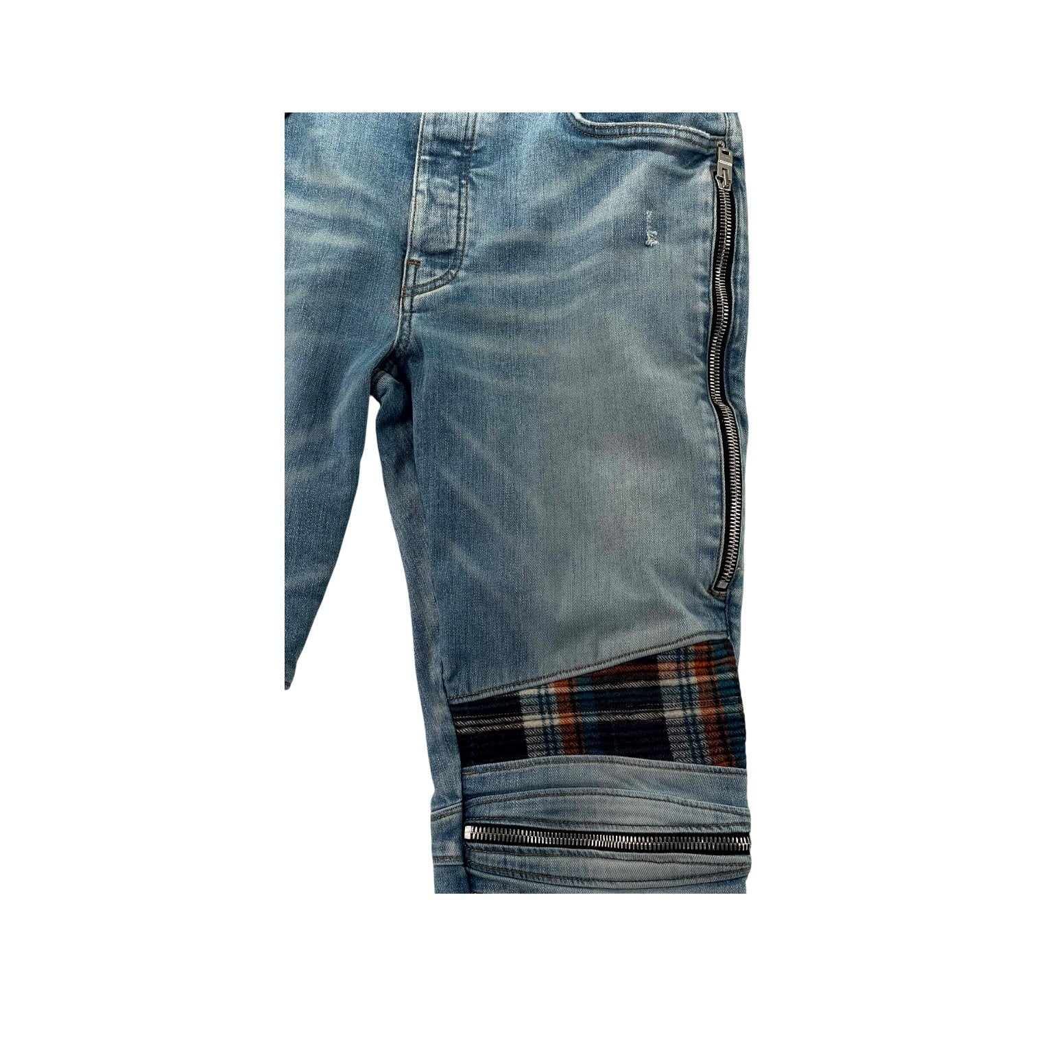 Amiri "MX2" Plaid Patch Light Wash, Blue & Orange Jeans
