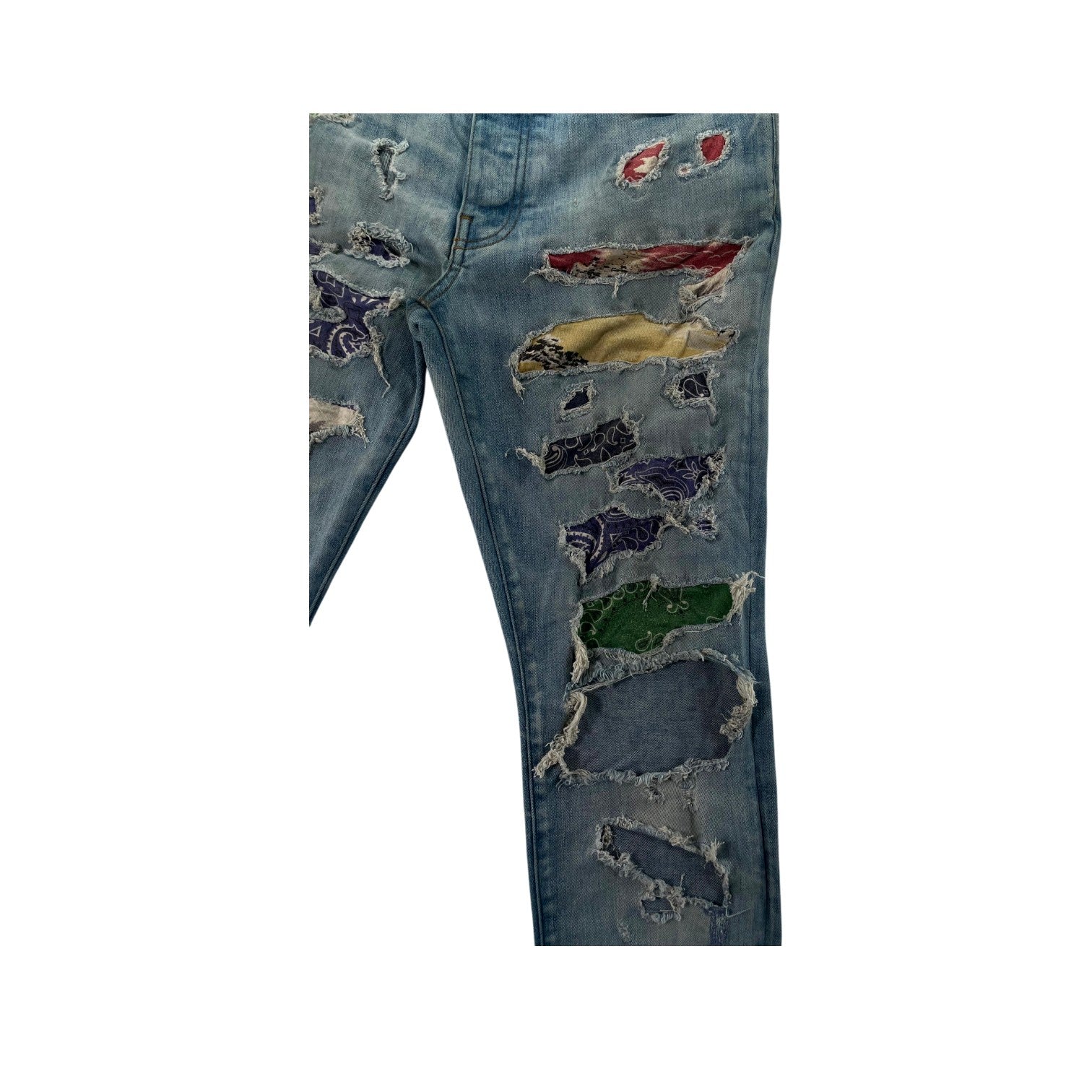 Amiri Light Wash Rainbow Paisley Thrasher Patch Jeans