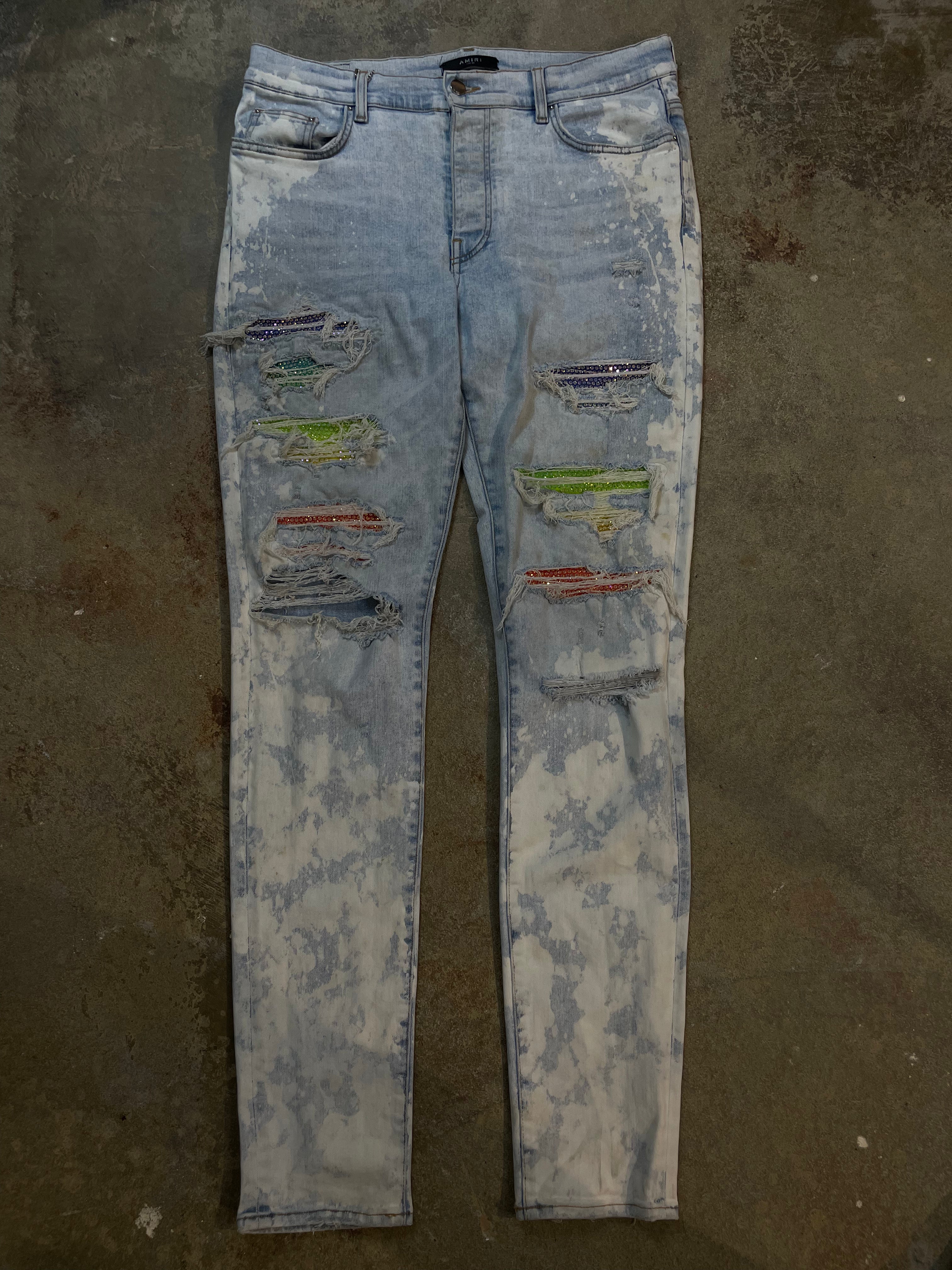Amiri Jeans Tye Dye Wash Rainbow Crystal Patch Used 36