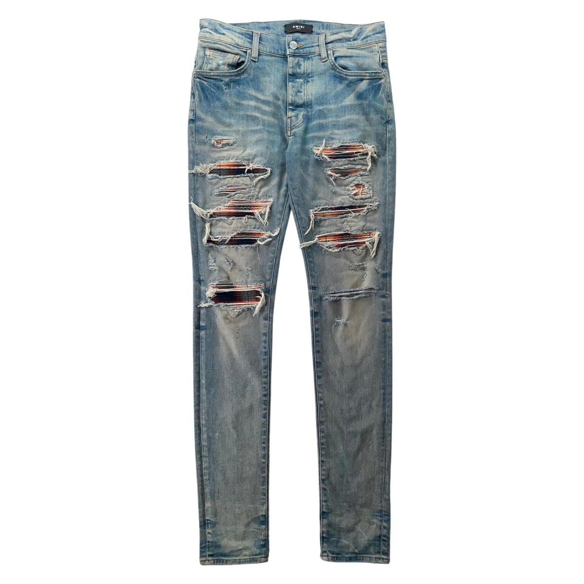 Amiri Plaid Thrasher Light Wash, Burgundy & Yellow Jeans