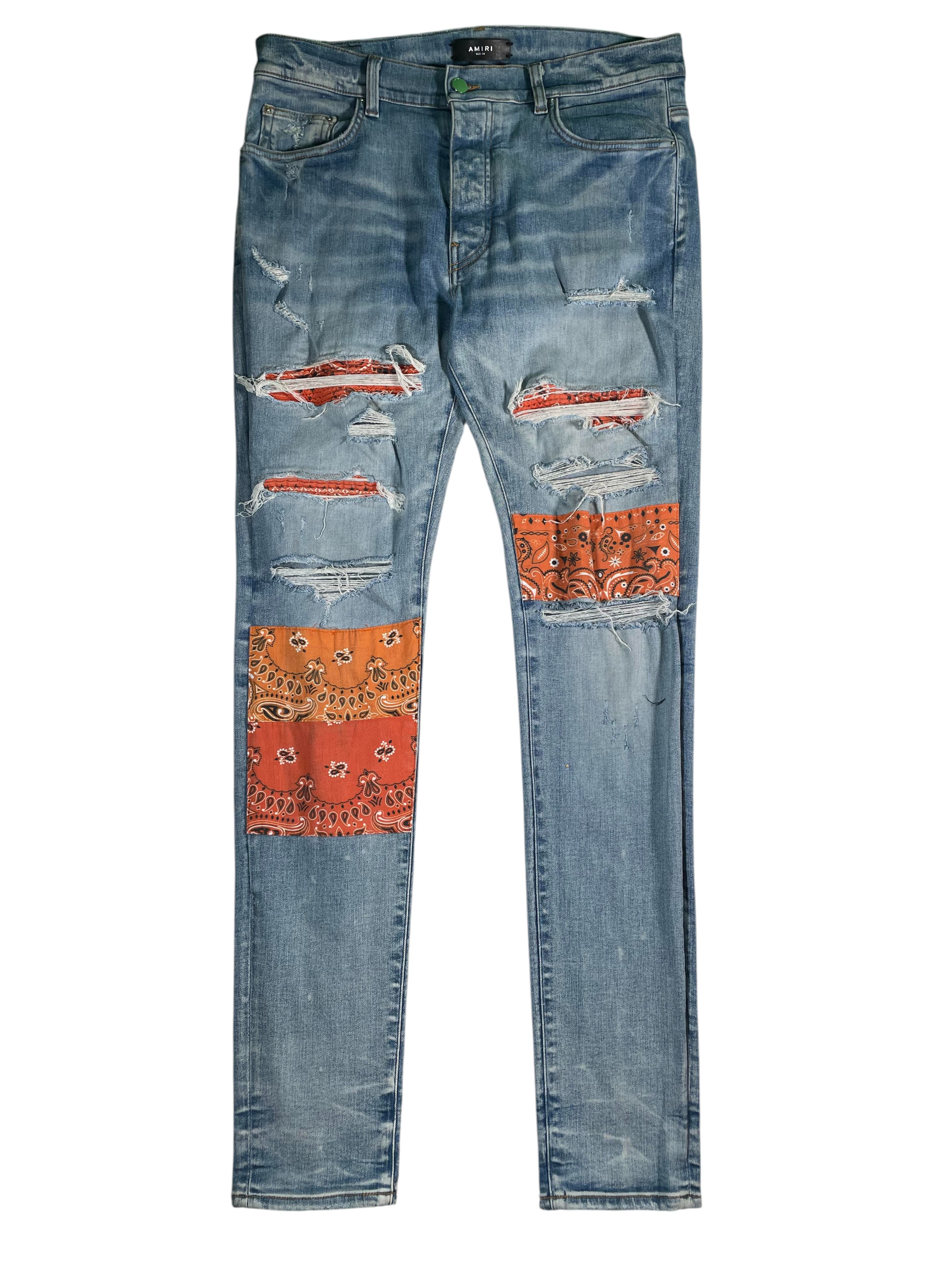 Amiri Paisley Thrasher Orange Patchwork Light Wash Jeans