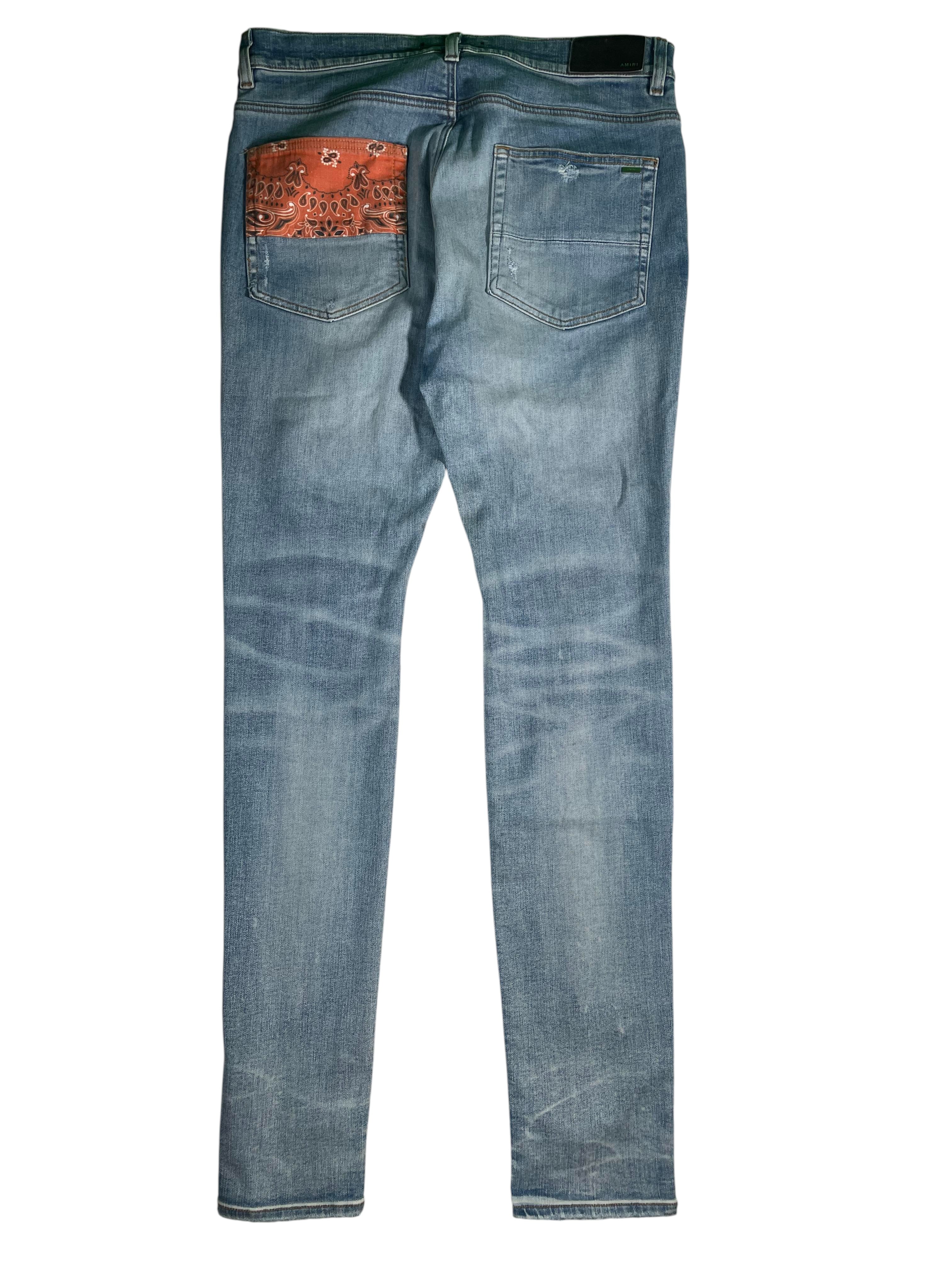 Amiri Paisley Thrasher Orange Patchwork Light Wash Jeans