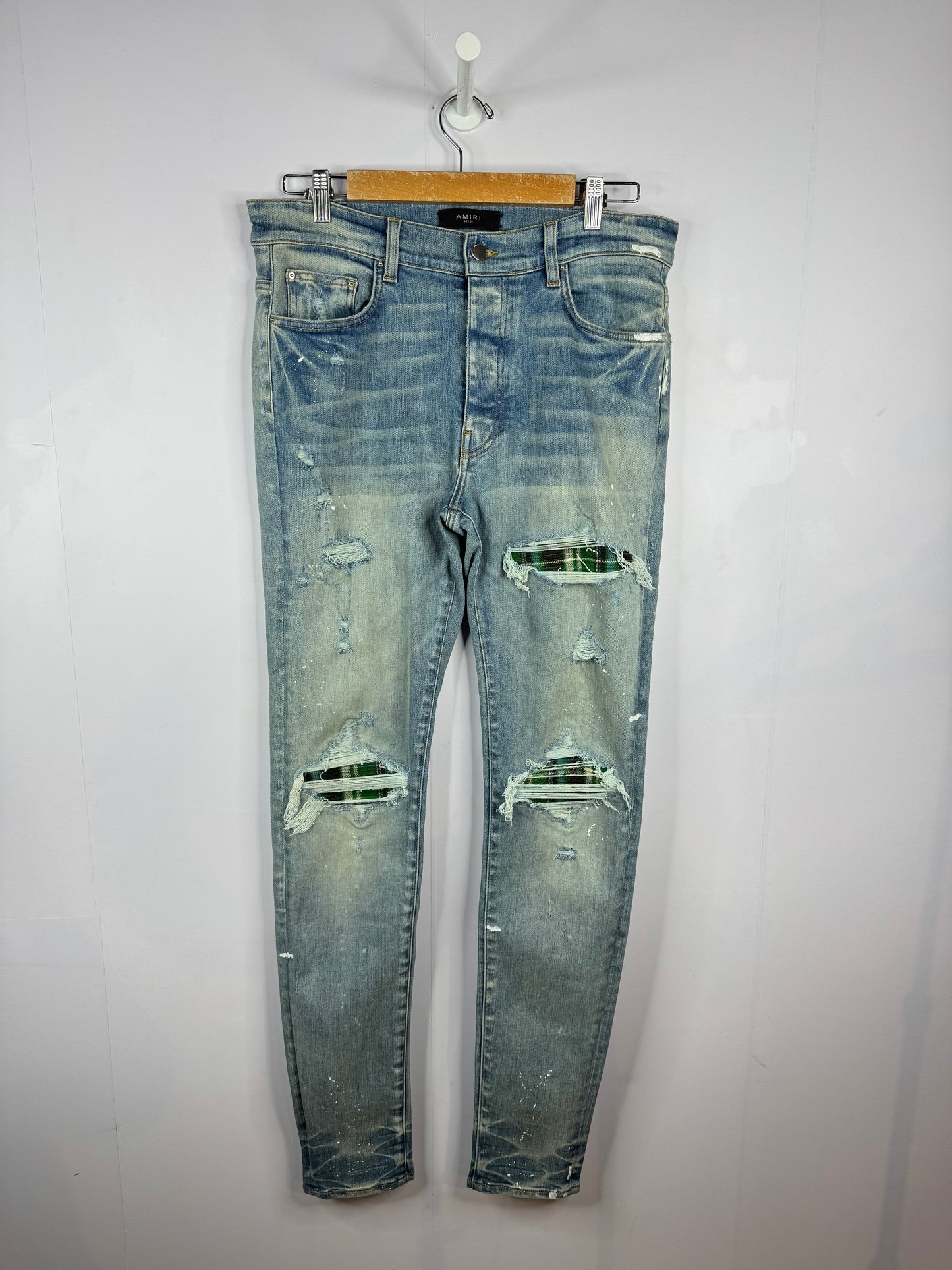 Amiri MX1 Green Plaid Patch Light Wash Jean