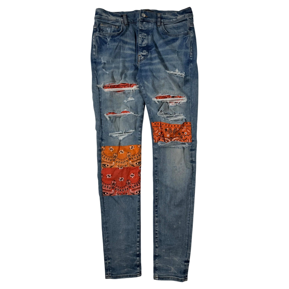 Amiri Paisley Patchwork Light Wash & Orange Jeans