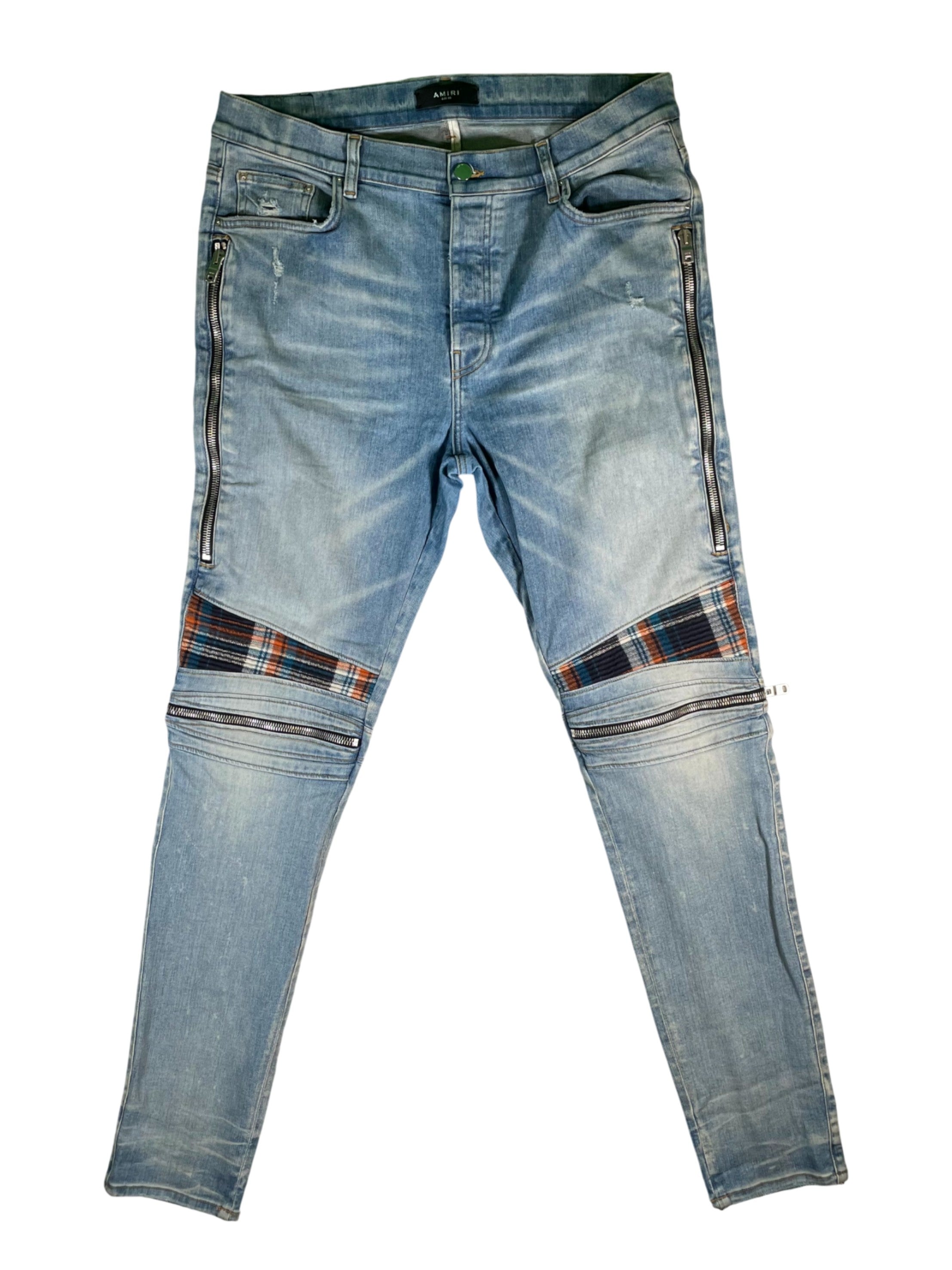 Amiri MX2 Plaid Patch Light Wash, Orange & Blue Jeans