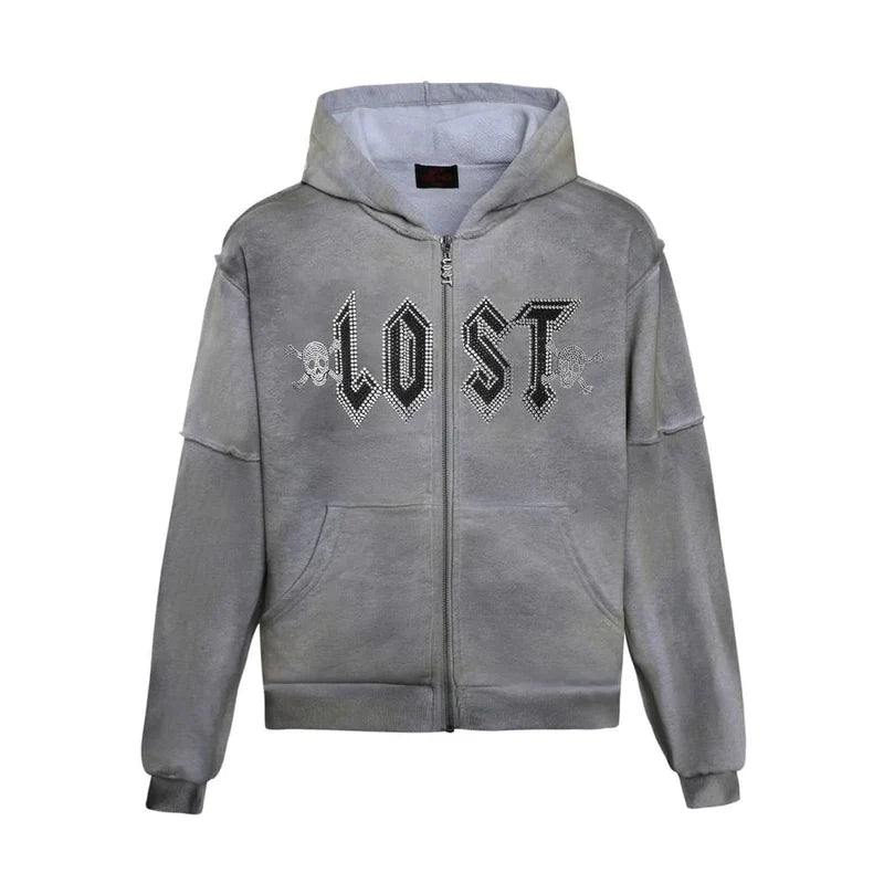 Lost Intricacy Grey Rhinestone Zip Up Hoodie (Women's)