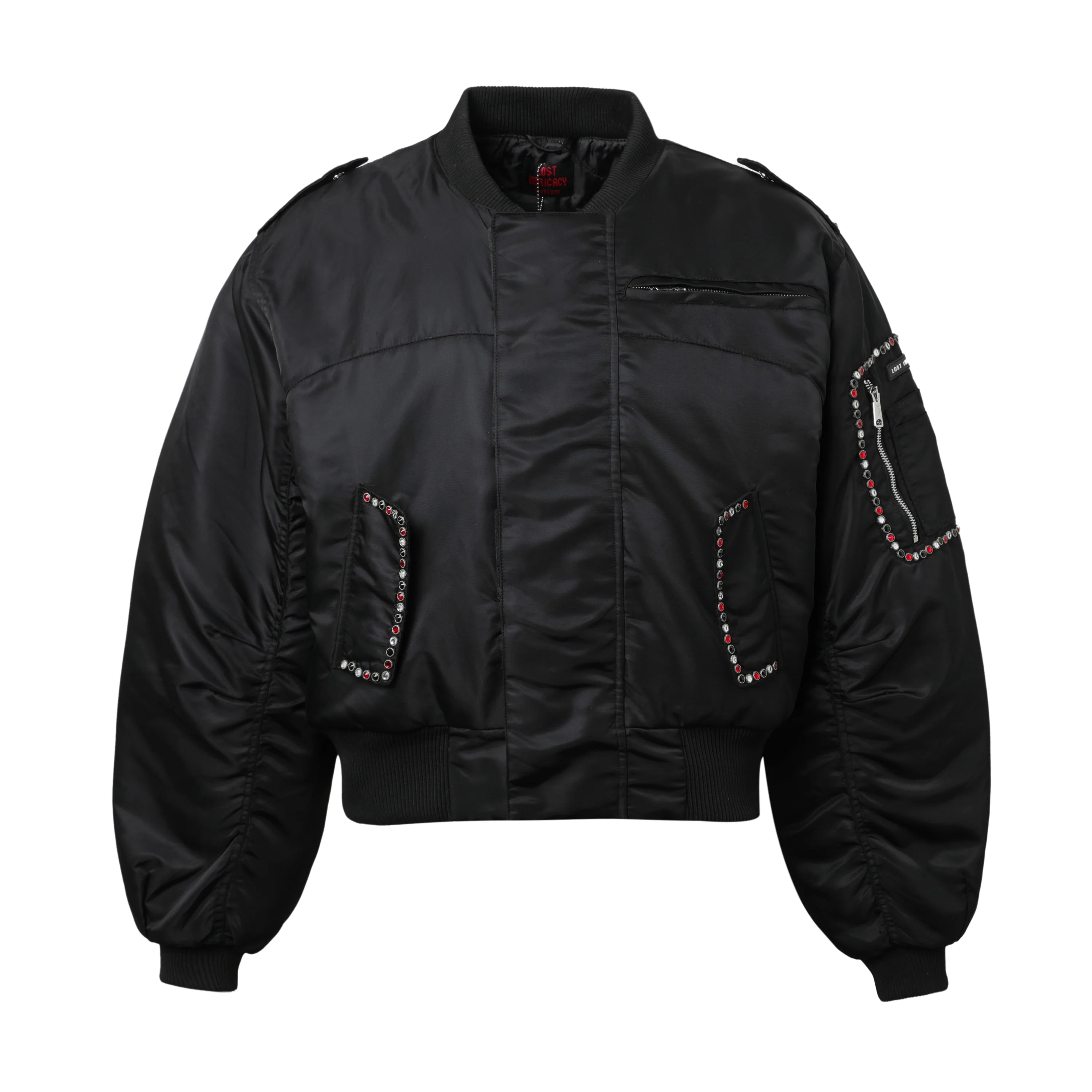 Lost Intricacy 'Red & Clear Stone' Black Bomber Jacket