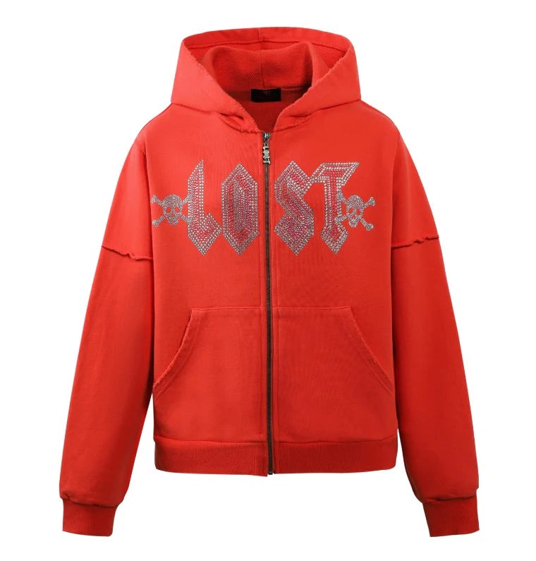 Lost Intricacy 'Rhinestone Grunge' Orange Zip Up Hoodie