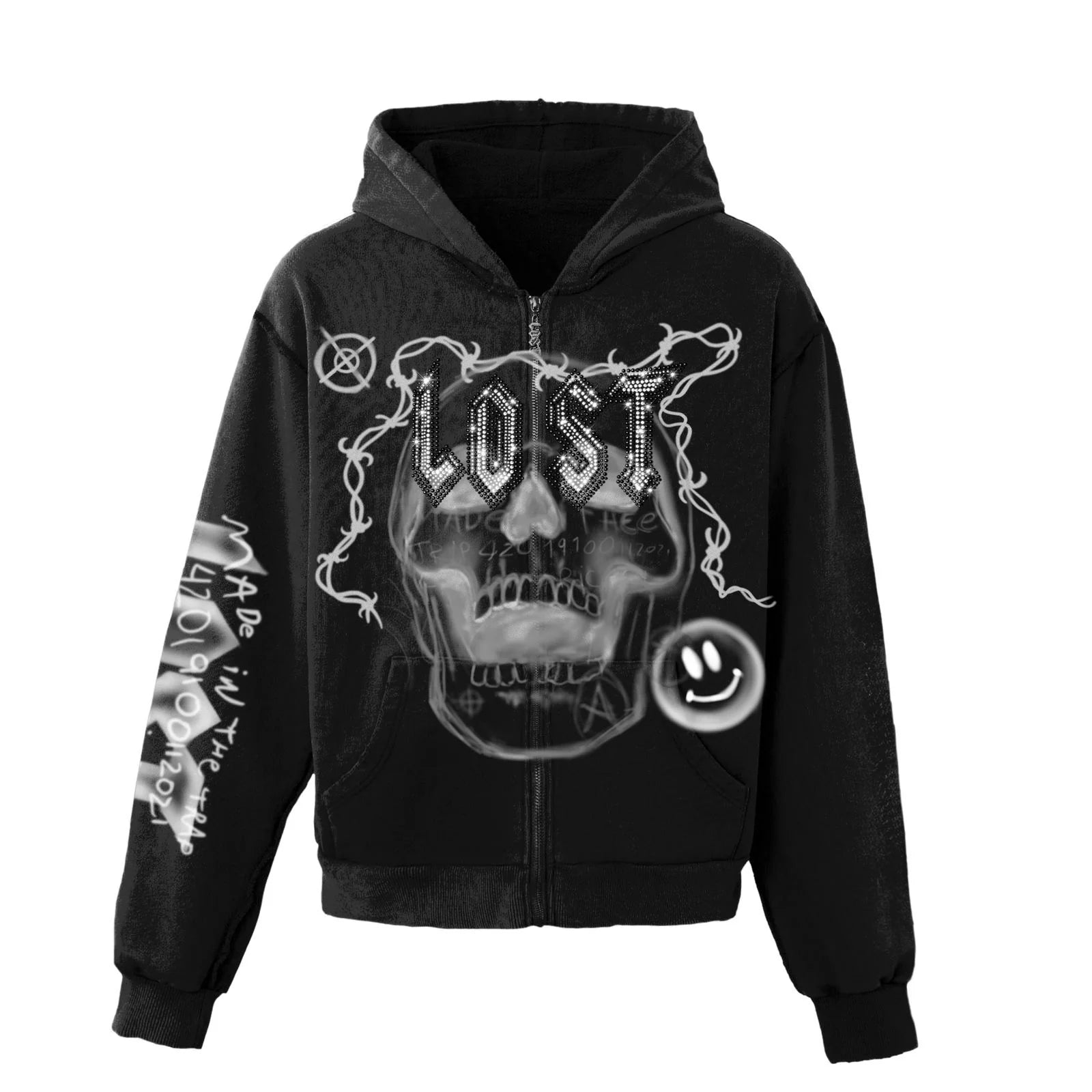 Lost Intricacy 'Skull Bound' Grey Print Black Zip Up Hoodie